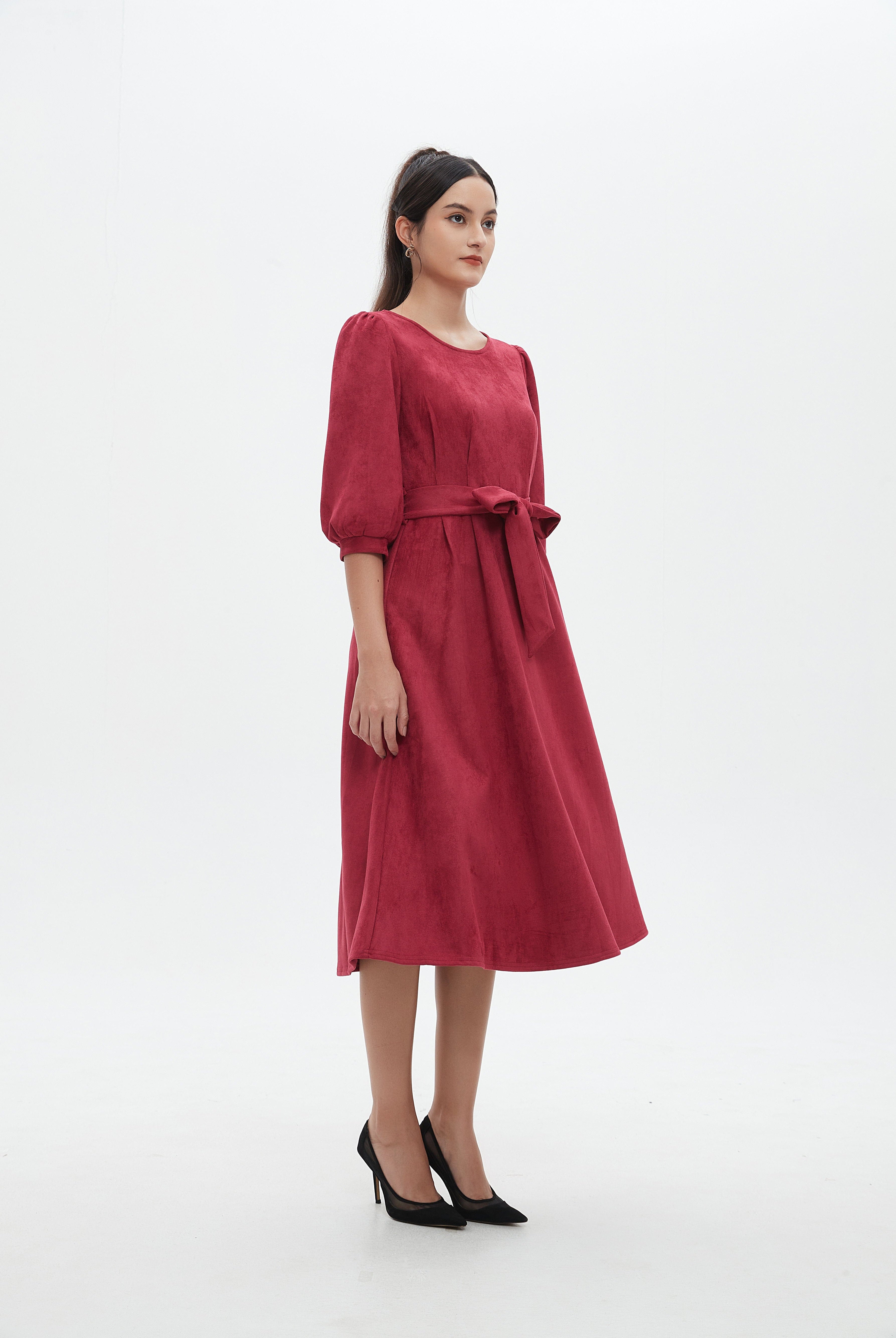 نتشي فستان نسائي ميدي 3/4 كم برباط على الخصر سادة