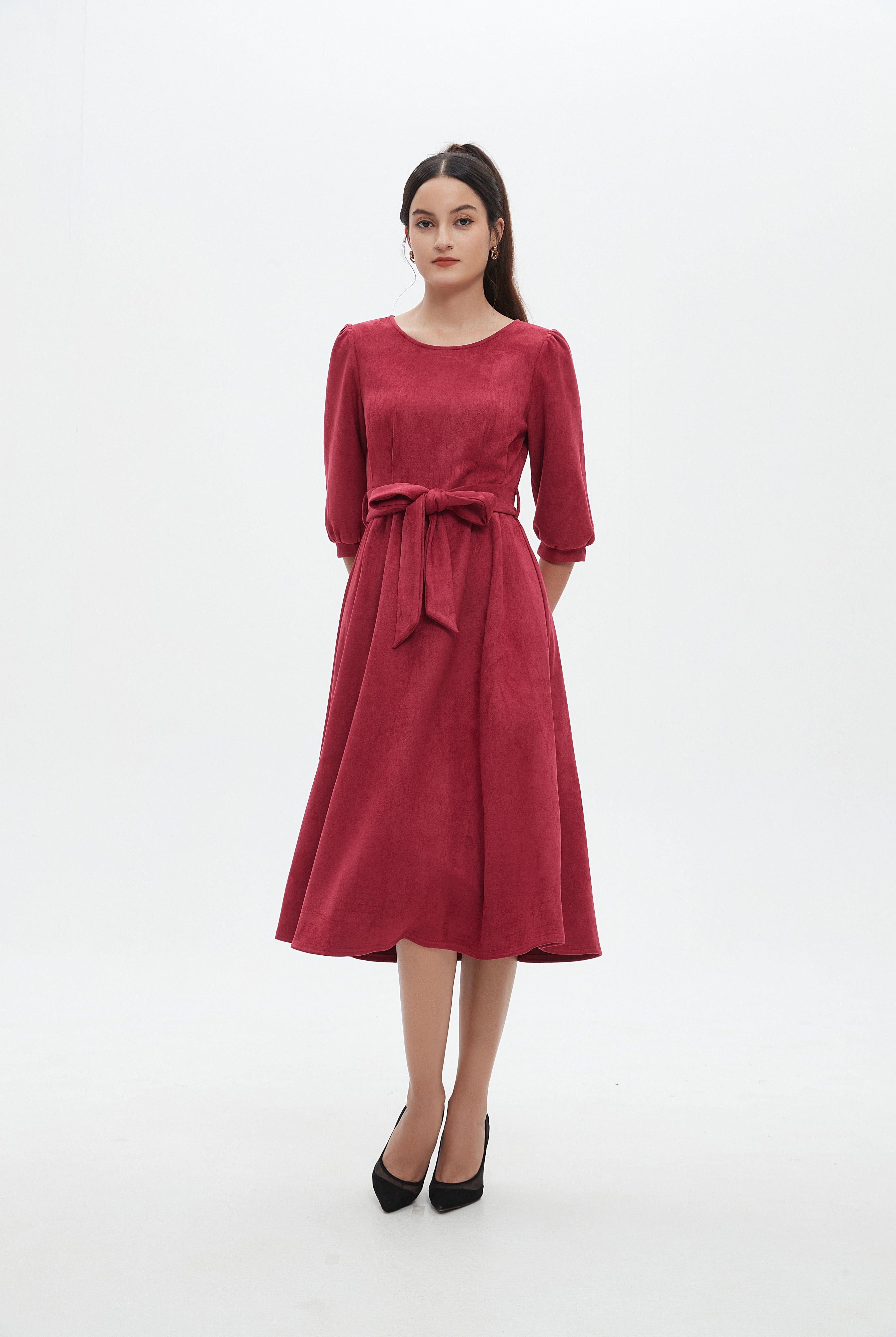 نتشي فستان نسائي ميدي 3/4 كم برباط على الخصر سادة