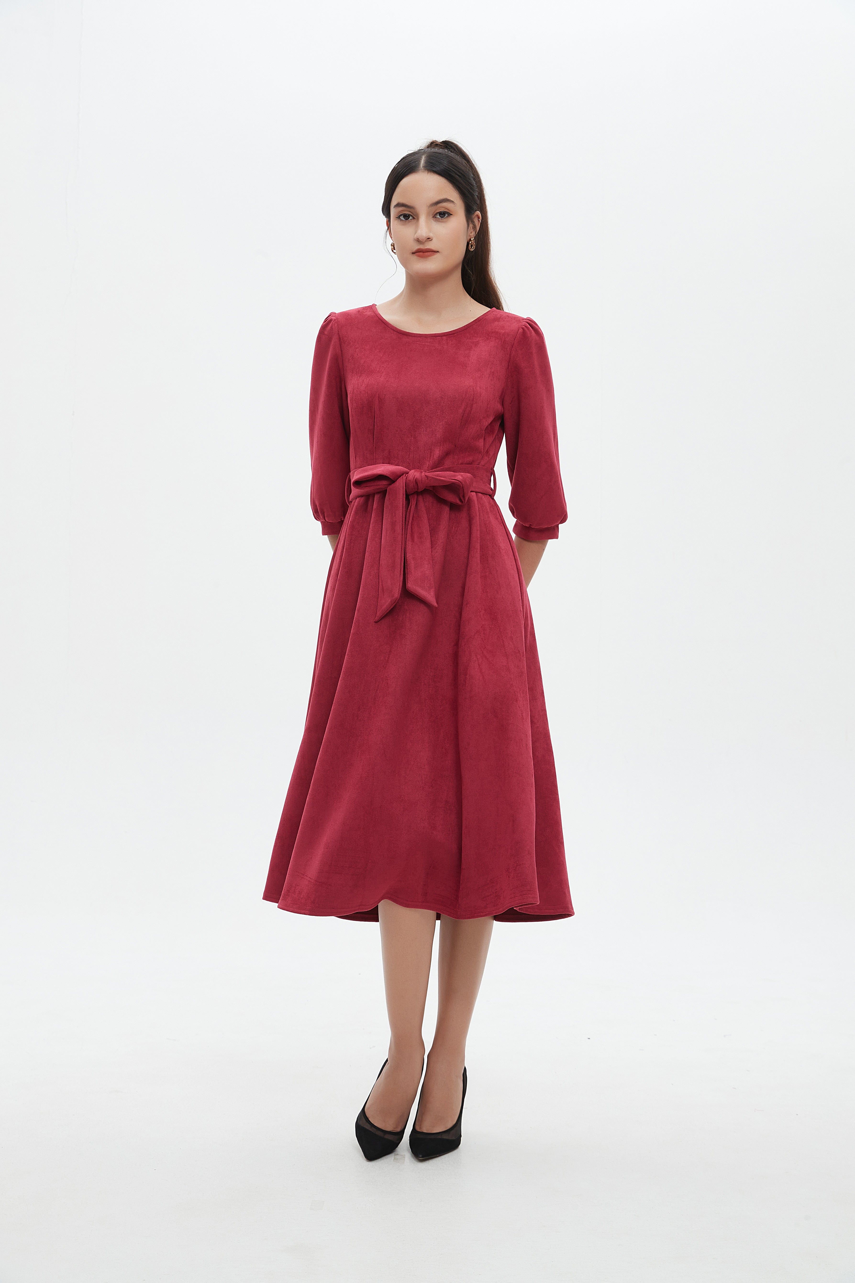 نتشي فستان نسائي ميدي 3/4 كم برباط على الخصر سادة