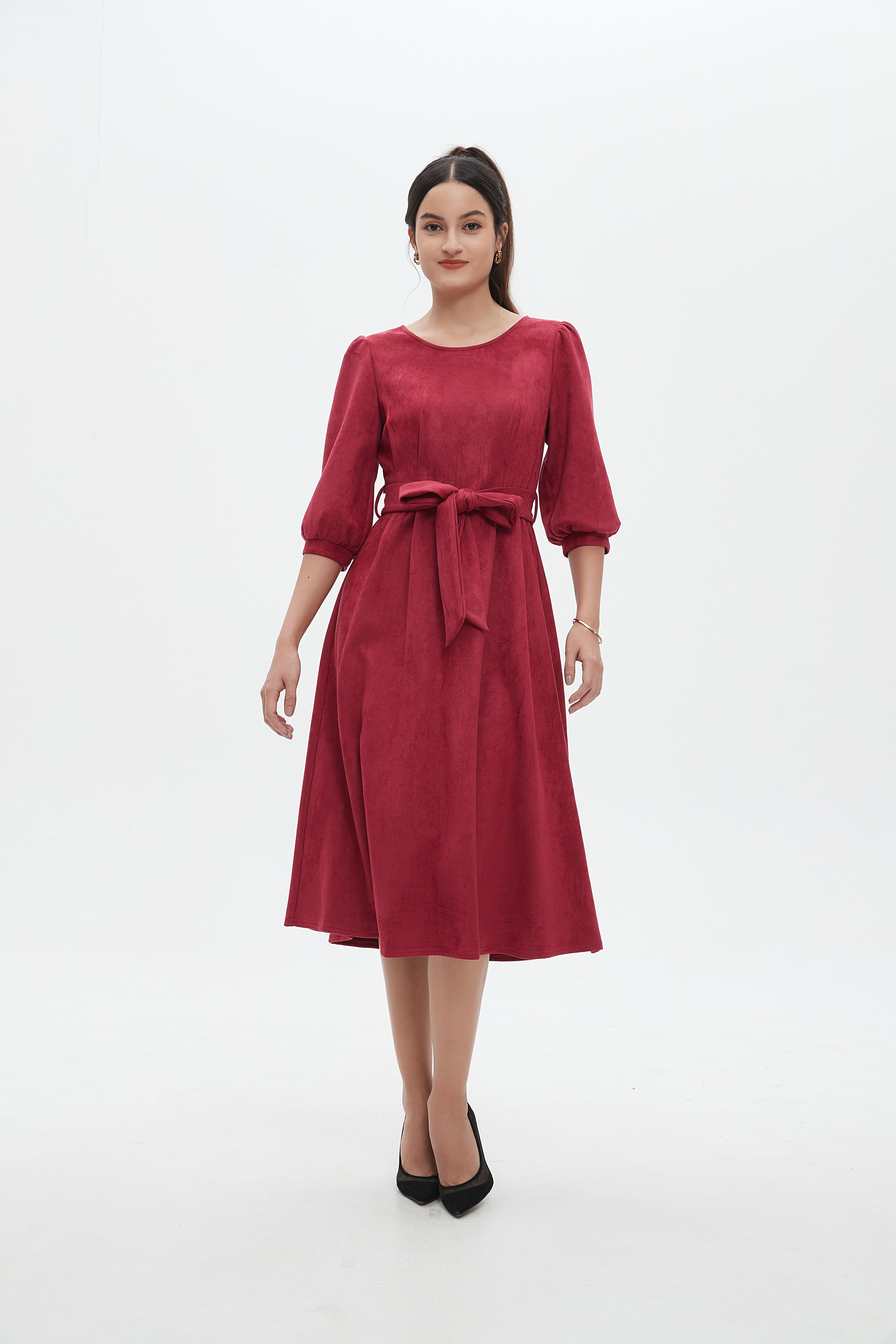 نتشي فستان نسائي ميدي 3/4 كم برباط على الخصر سادة