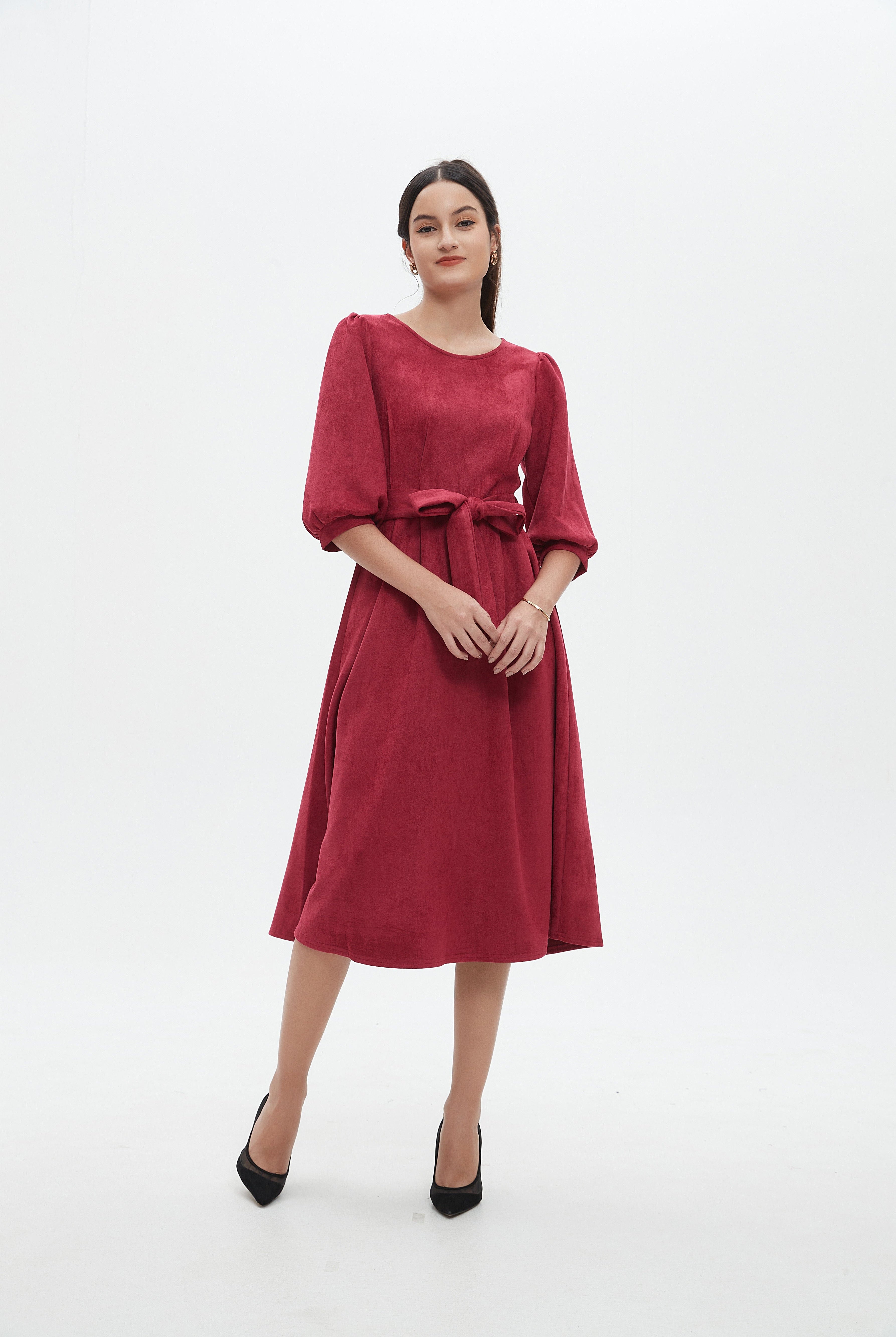 نتشي فستان نسائي ميدي 3/4 كم برباط على الخصر سادة