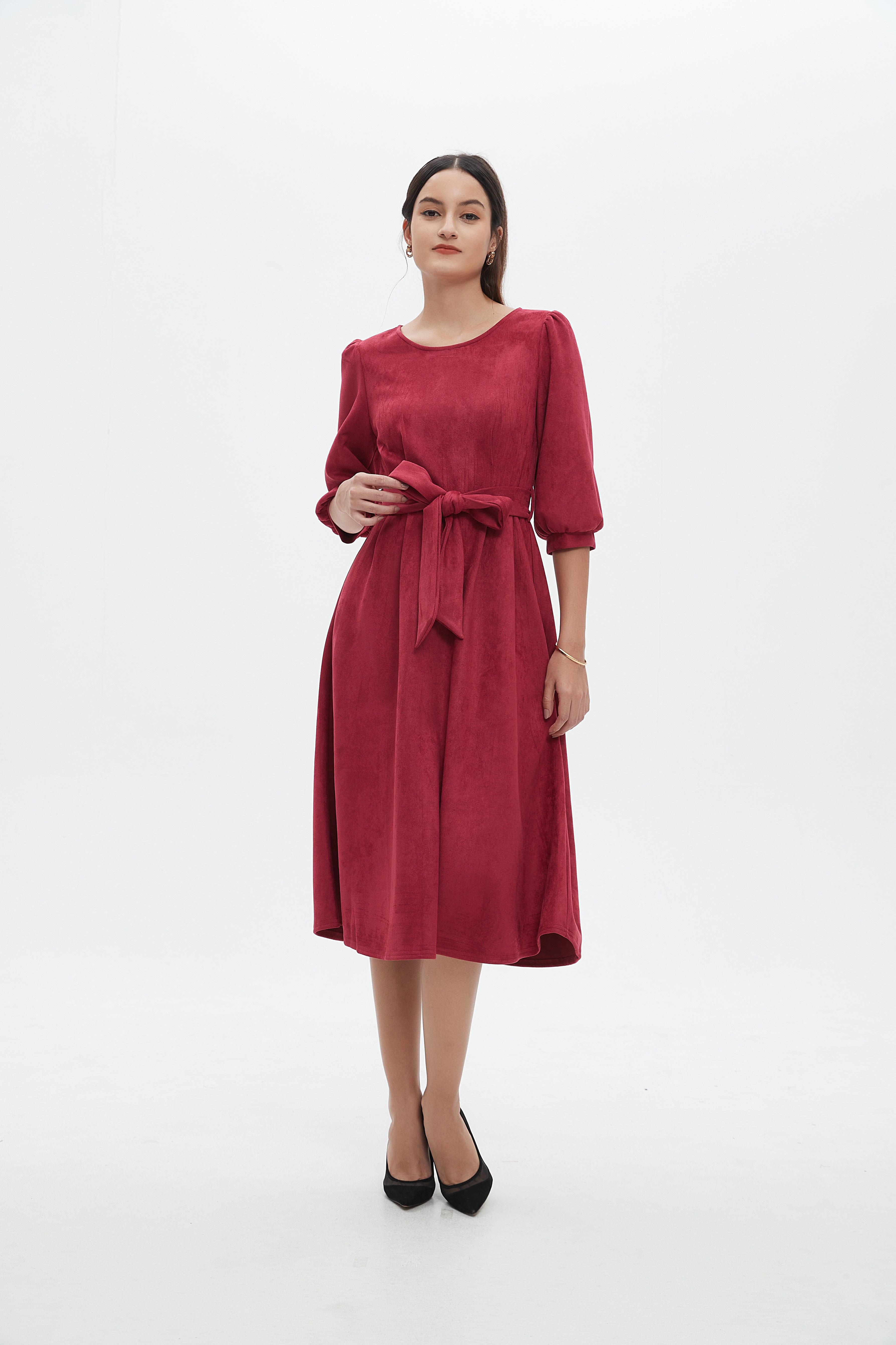 نتشي فستان نسائي ميدي 3/4 كم برباط على الخصر سادة