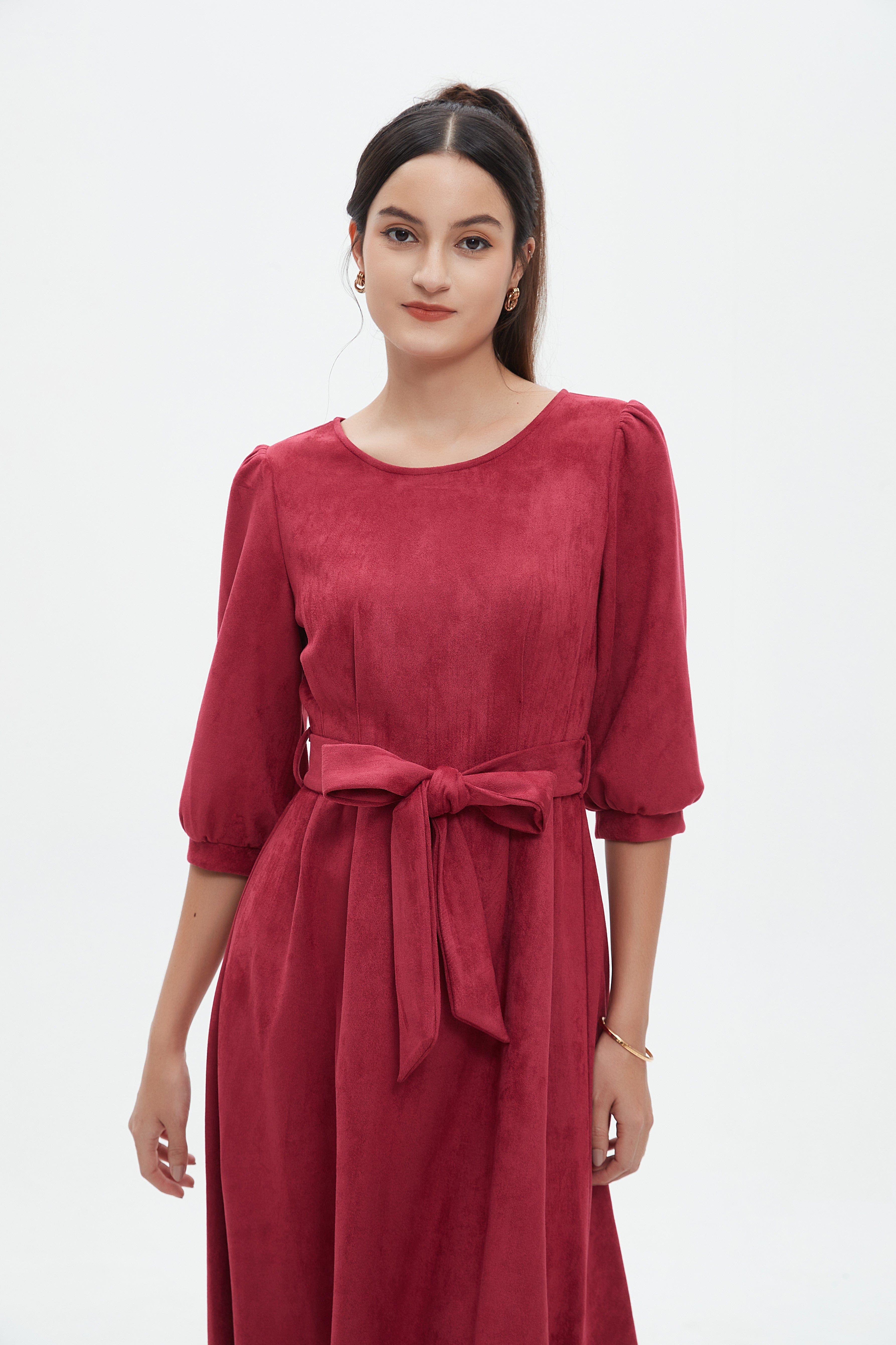 نتشي فستان نسائي ميدي 3/4 كم برباط على الخصر سادة