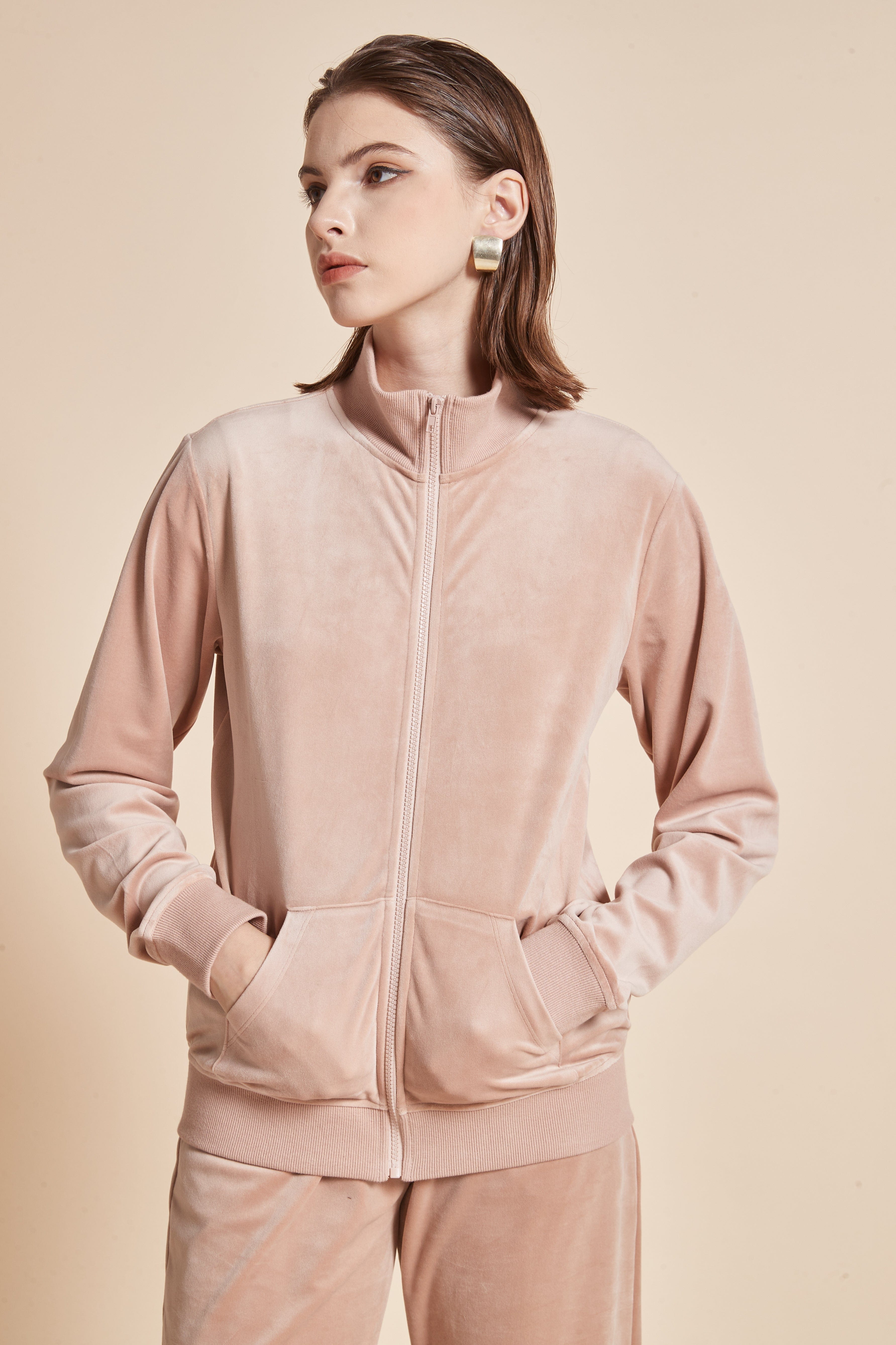 يولا جاكيت نسائي شتوي بسحاب أمامي وكم طويل مع جيوب أمامية