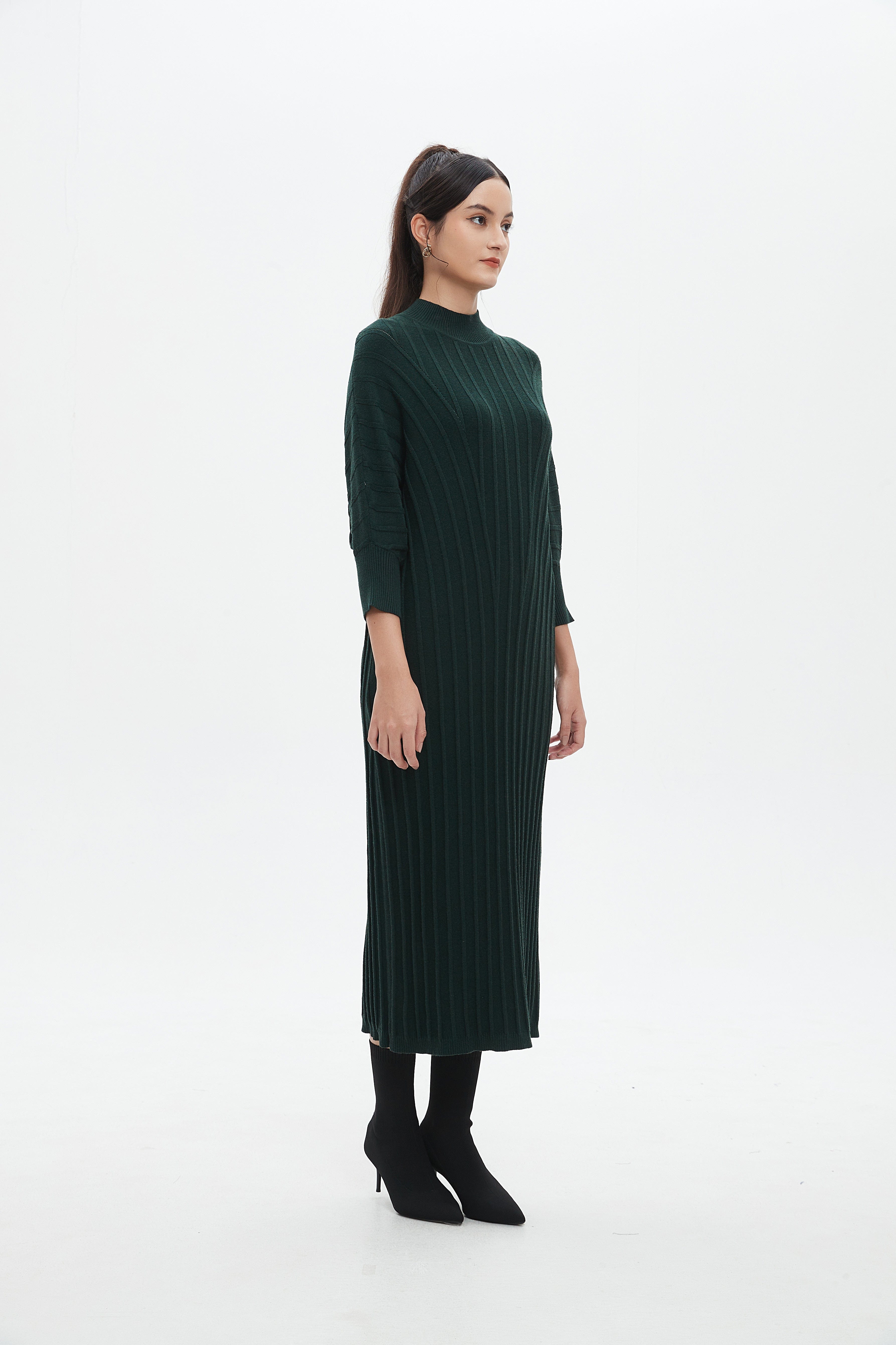 نتشي فستان مضلع سادة 3/4 كم ميدي نسائي