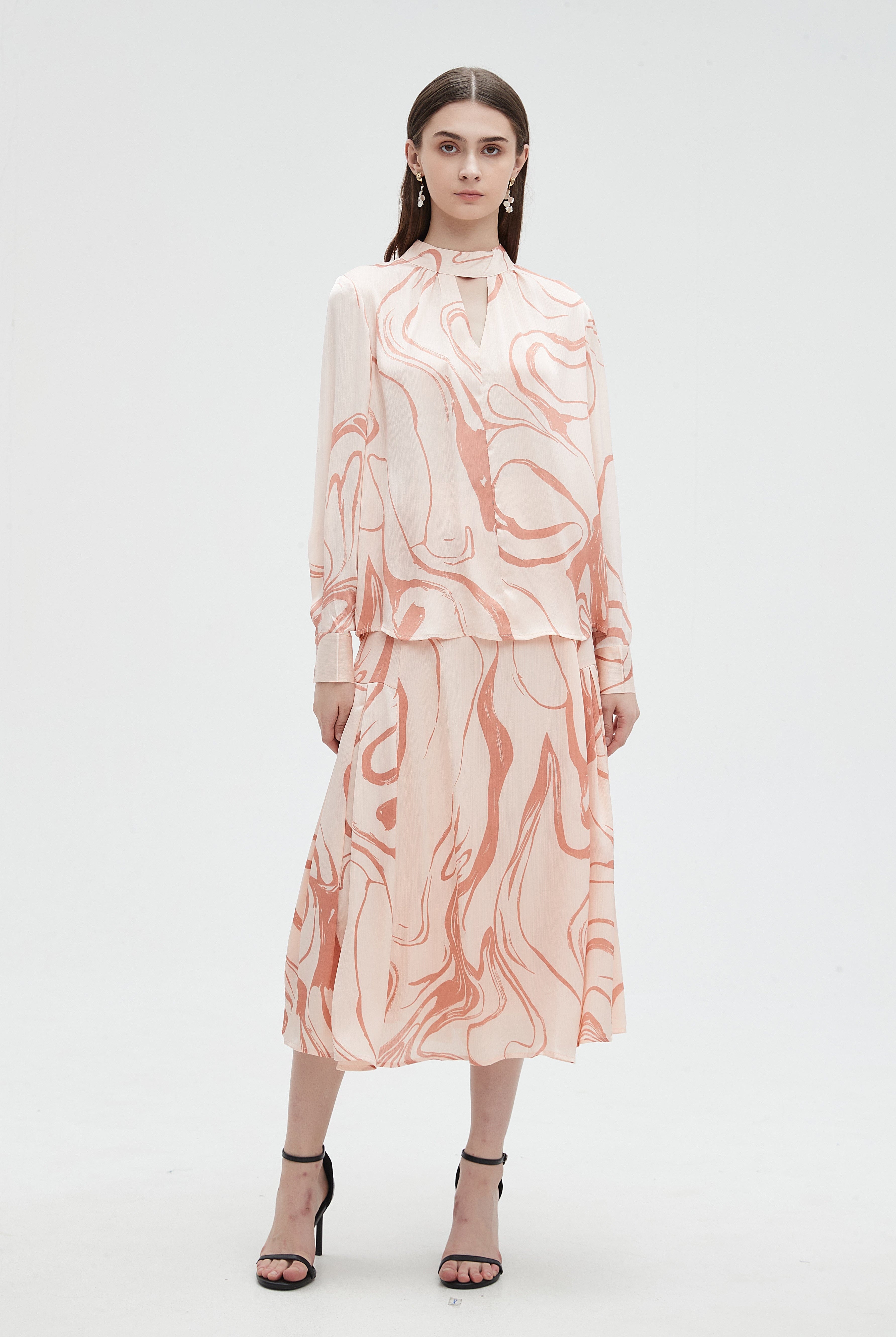 ميكا تنورة ميدي منقوشة خصر مرتفع كشكش نسائي