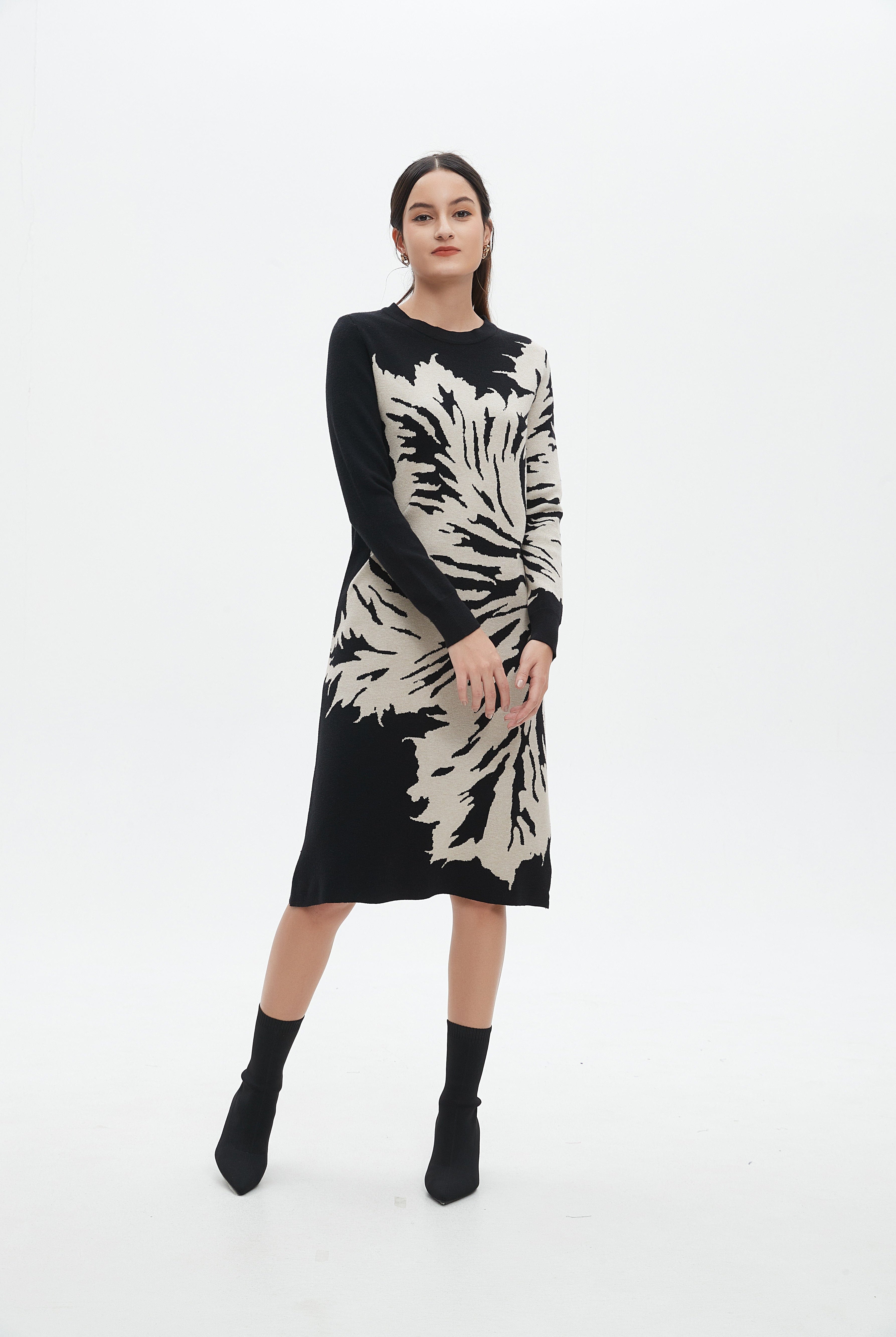 نتشي فستان منقوش كم طويل ميدي نسائي