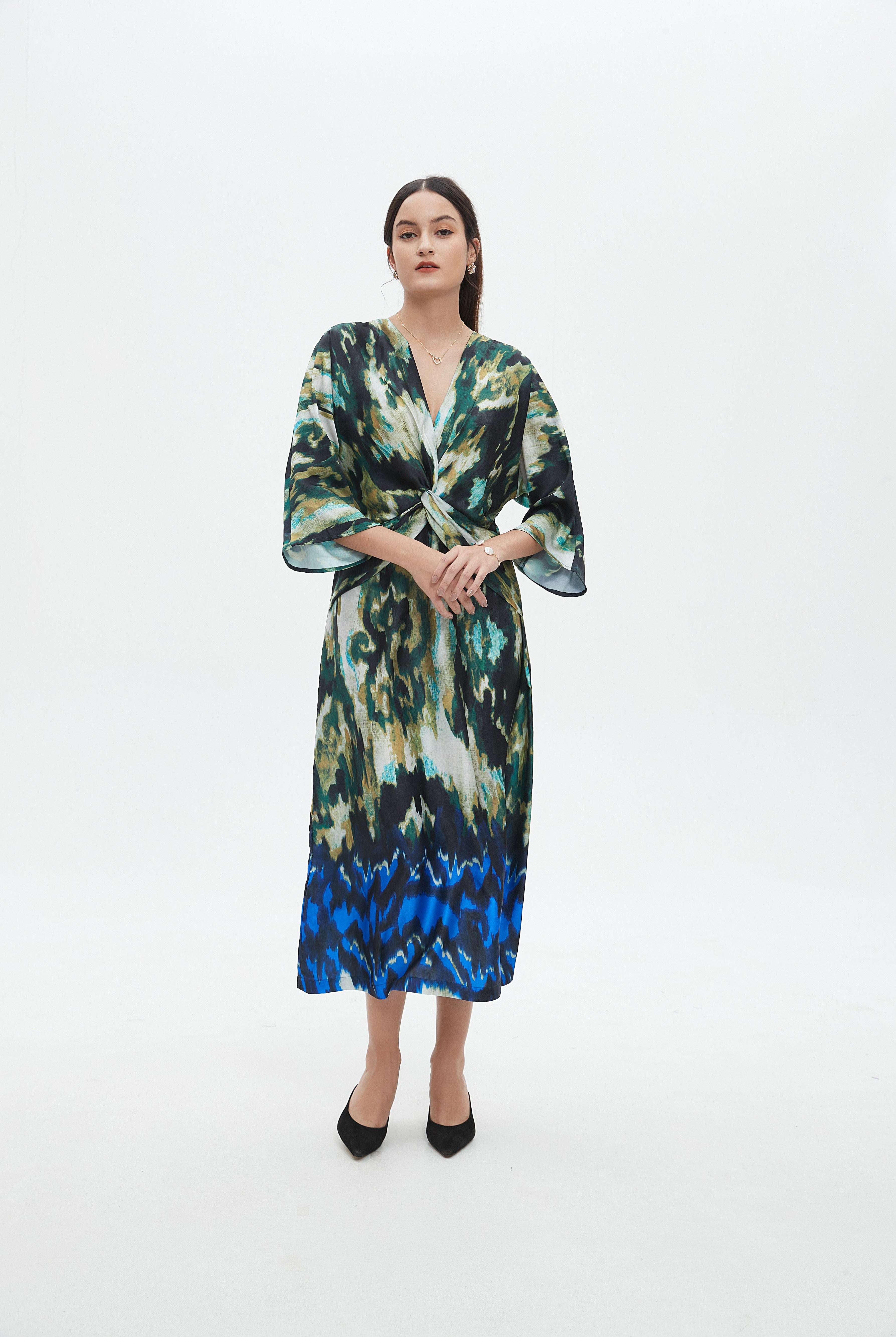 نتشي فستان ميدي 3/4 كم لف ملون نسائي