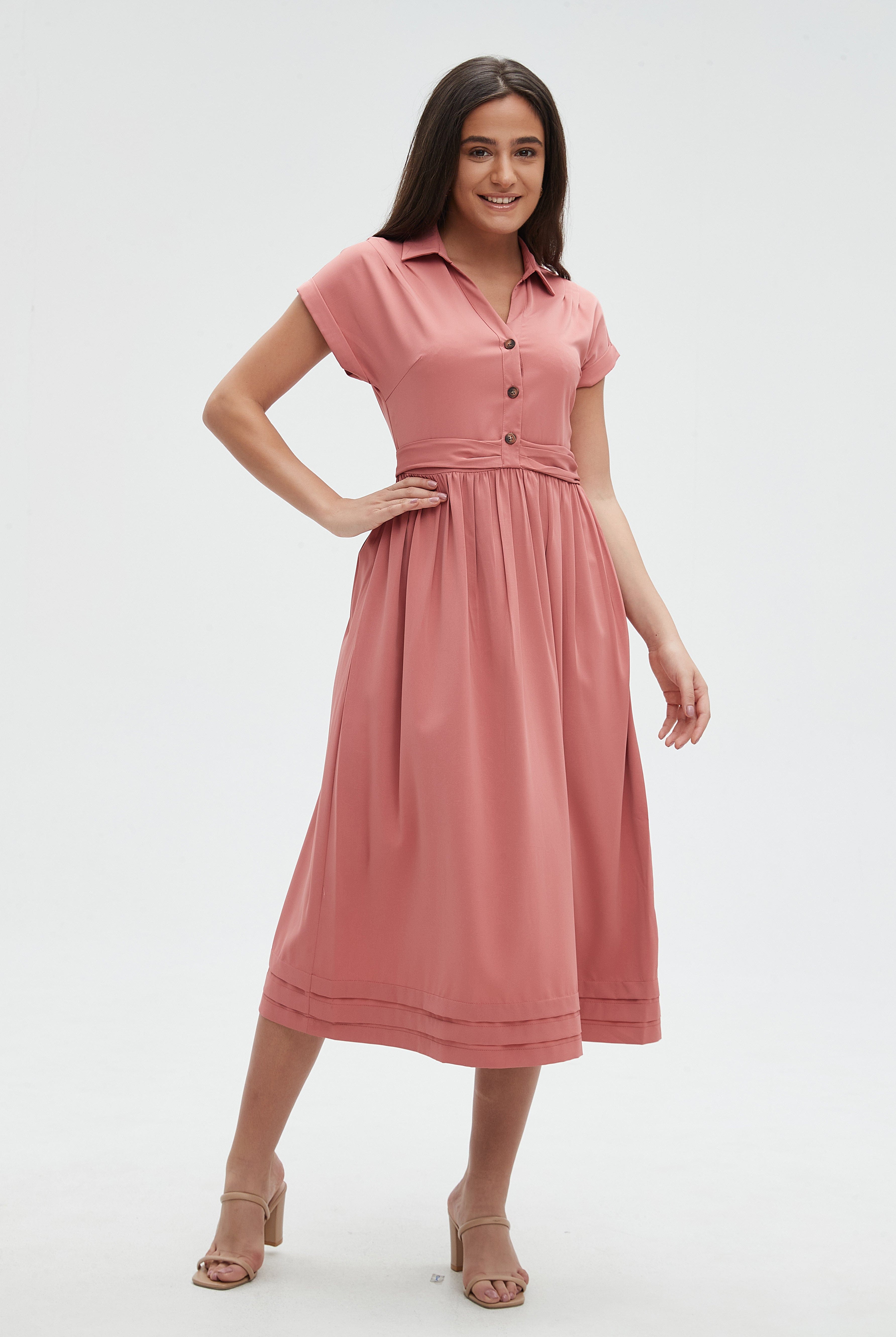 ميكا فستان ميدي بكم قصير مكشكش من أسفل نسائي