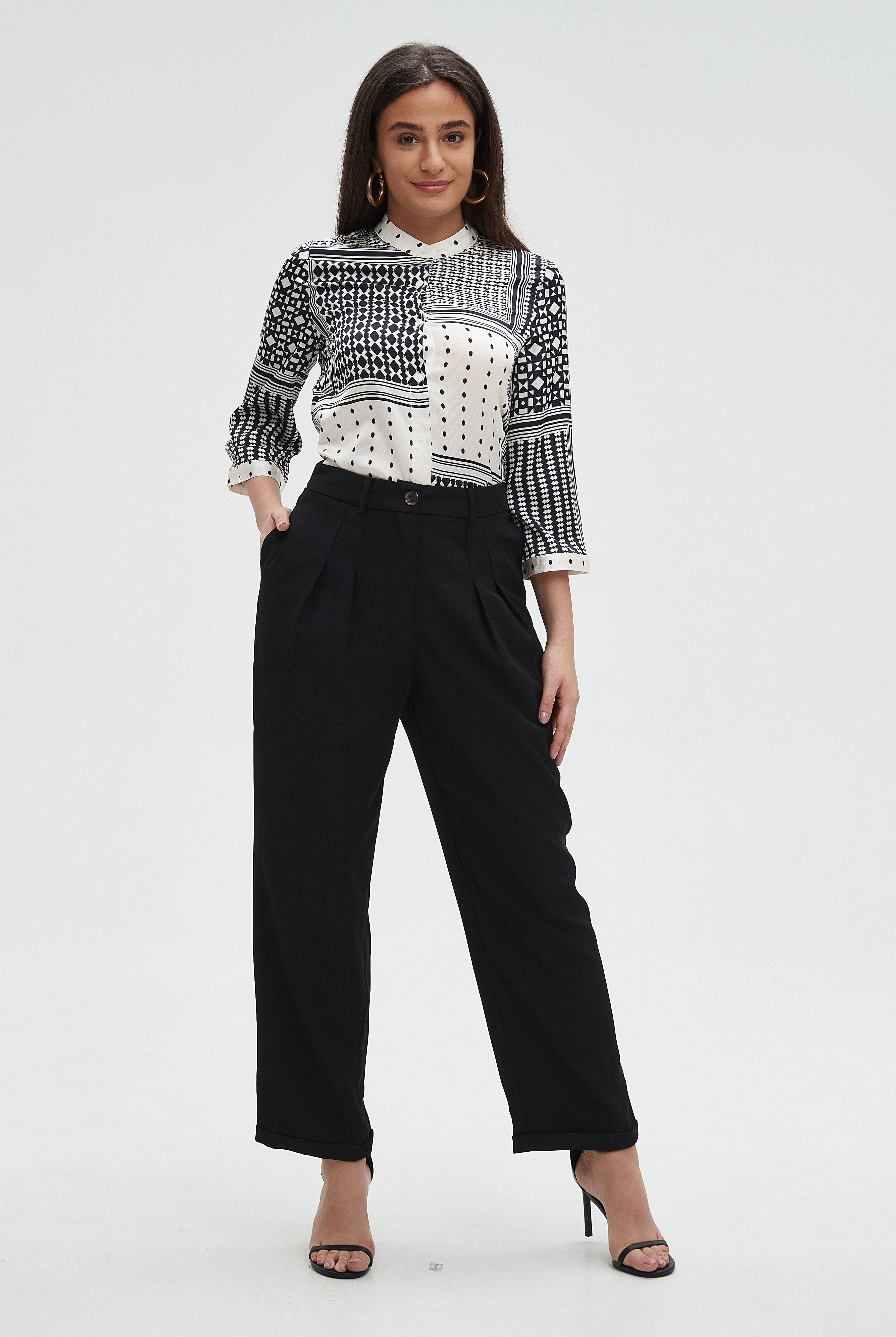 ميكا بنطلون نسائي ساده للدوام بجيوب وكشكش على الجيب