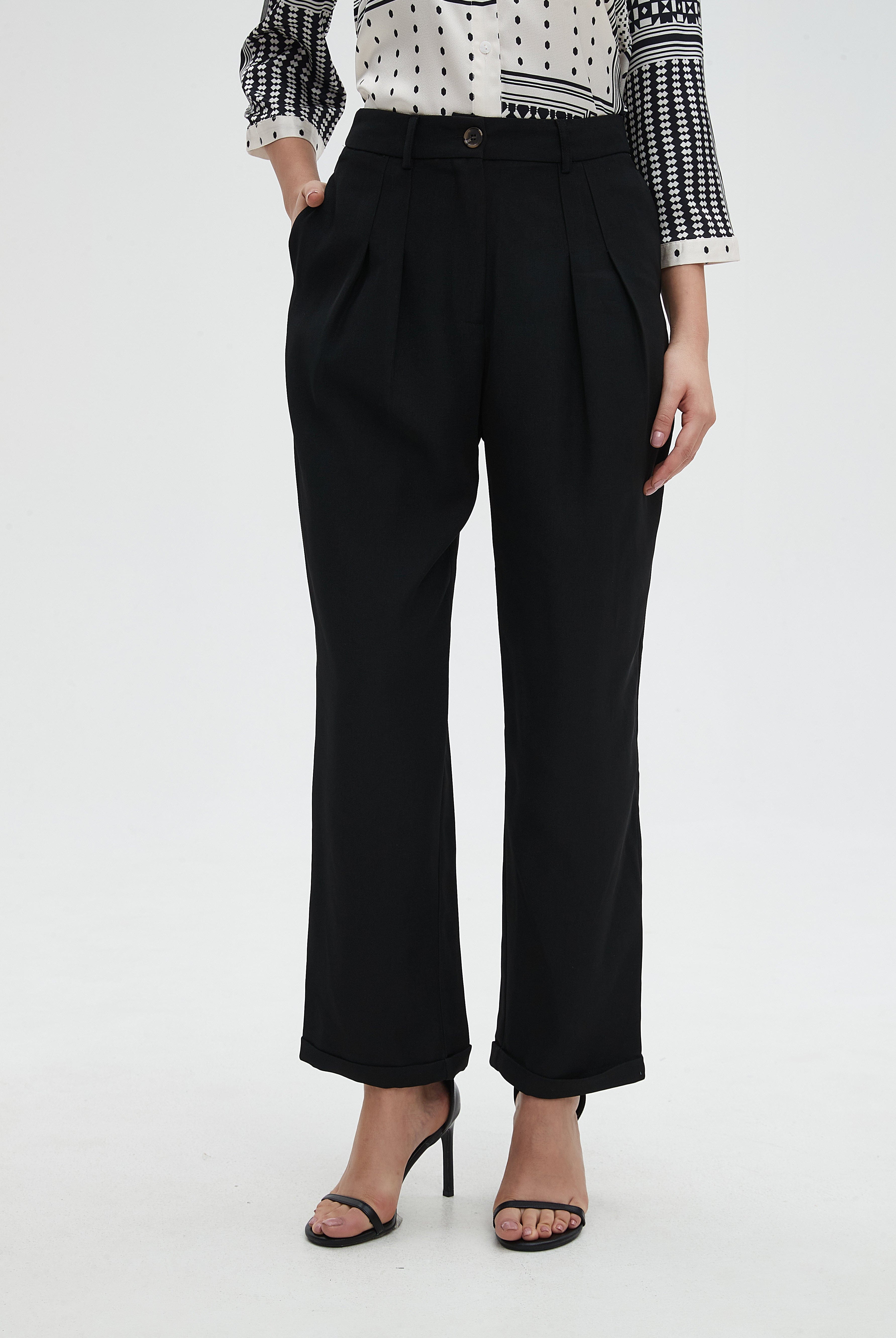 ميكا بنطلون نسائي ساده للدوام بجيوب وكشكش على الجيب