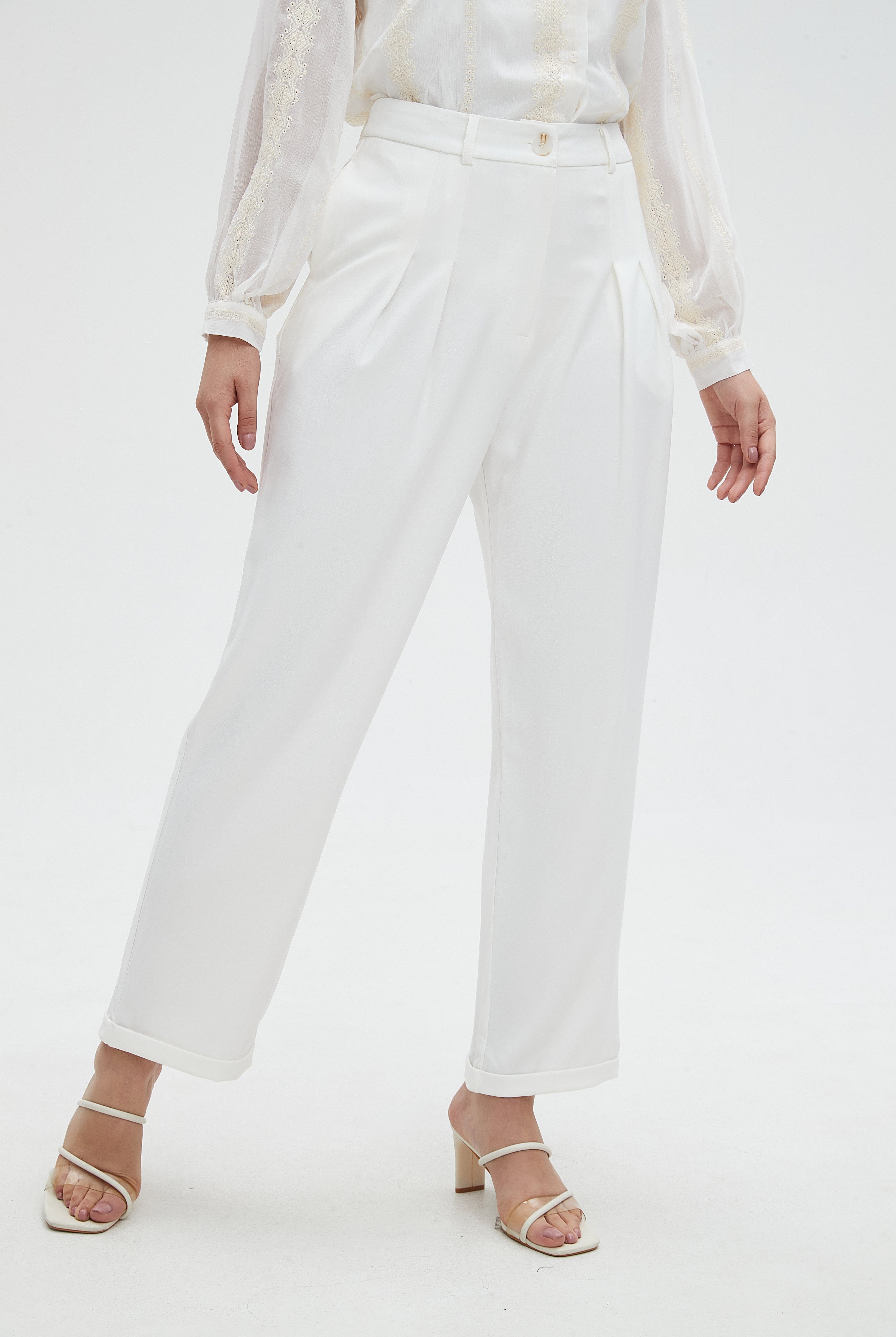 ميكا بنطلون نسائي ساده للدوام بجيوب وكشكش على الجيب