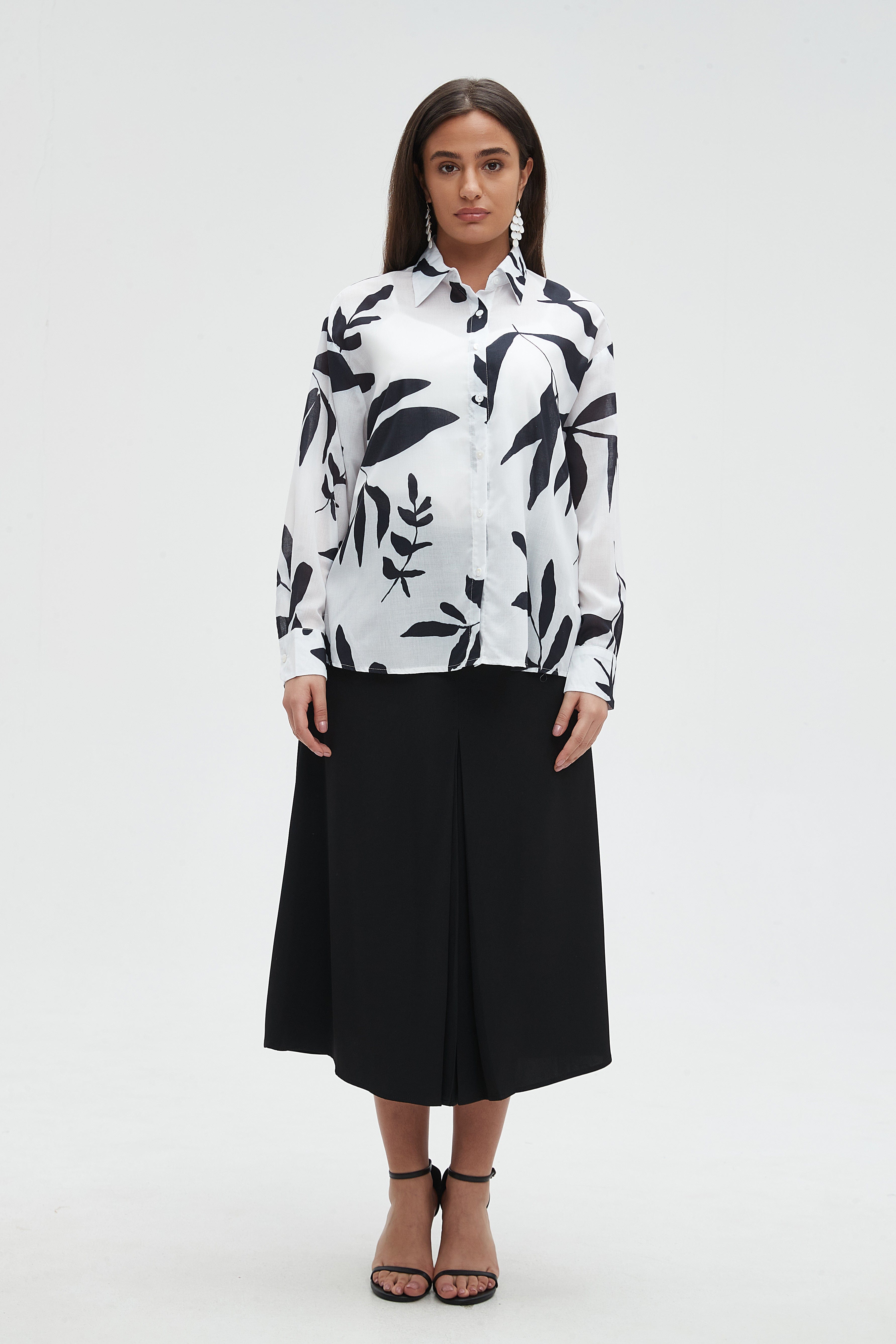 ميكا بلوزة نسائية كم طويل بطبعة أوراق شجر