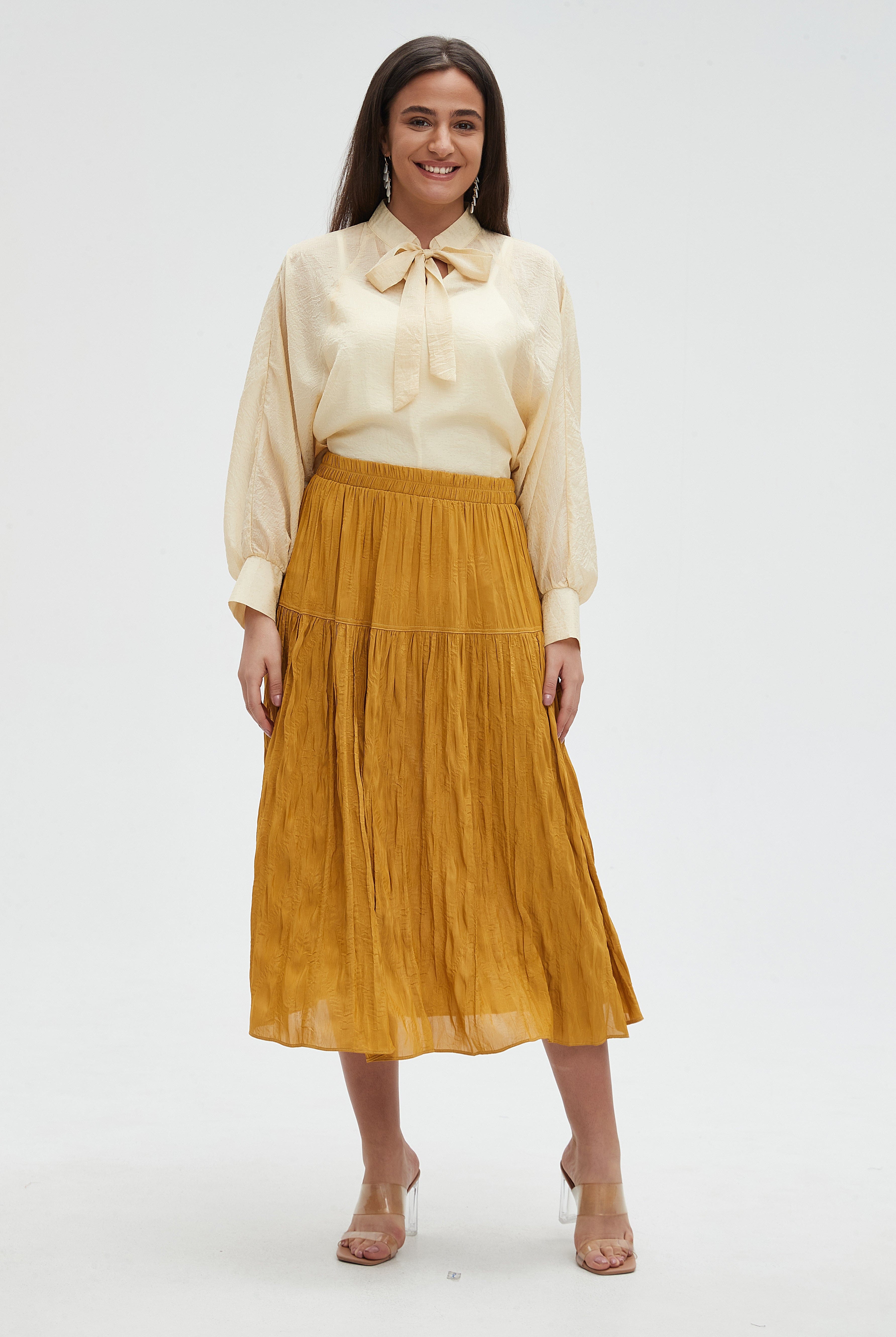 ميكا بلوزة نسائية سادة بأكمام طويلة وفيونكة عالرقبة