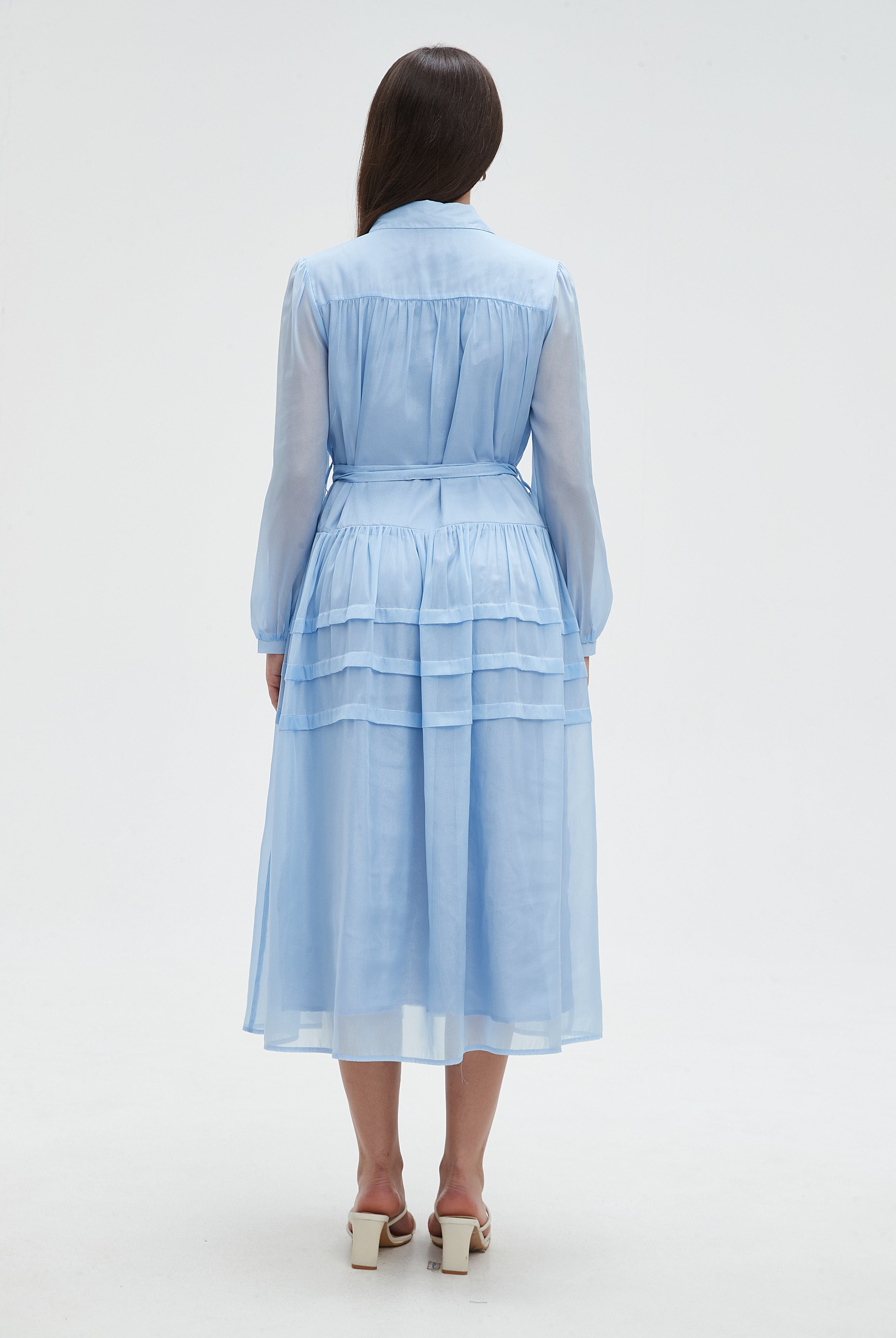 ميكا فستان ميدي برباط على الخصر سادة أكمام طويلة