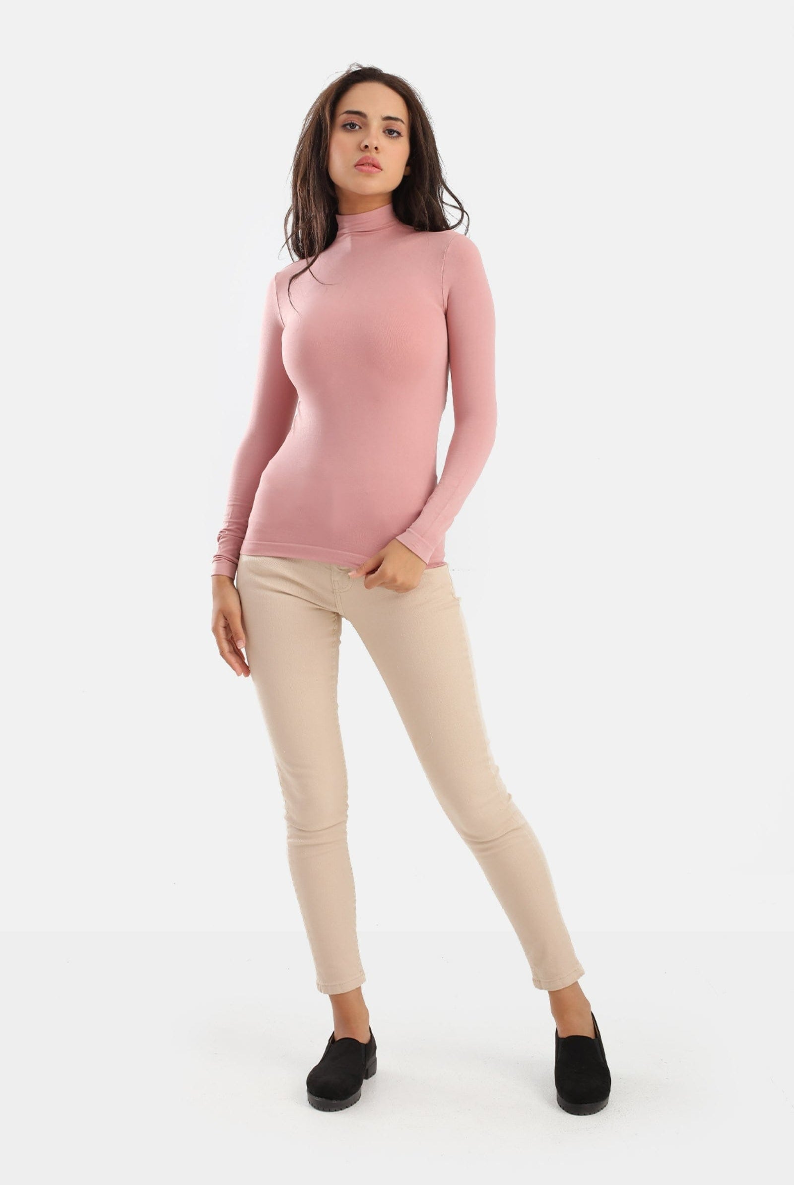 كارينا بلوزة سادة كم طويل من المايكروفايبر بياقة عالية نسائي