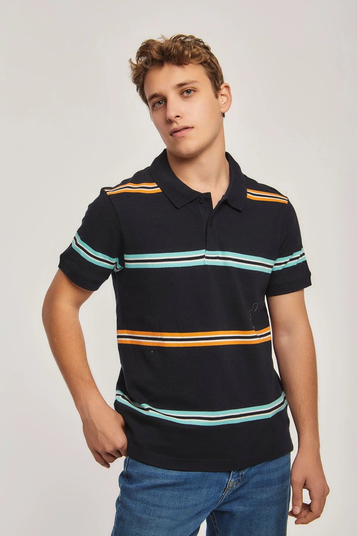 داليدرس تيشيرت بولو مخطط بالعرض نص كم رجالي أزرق