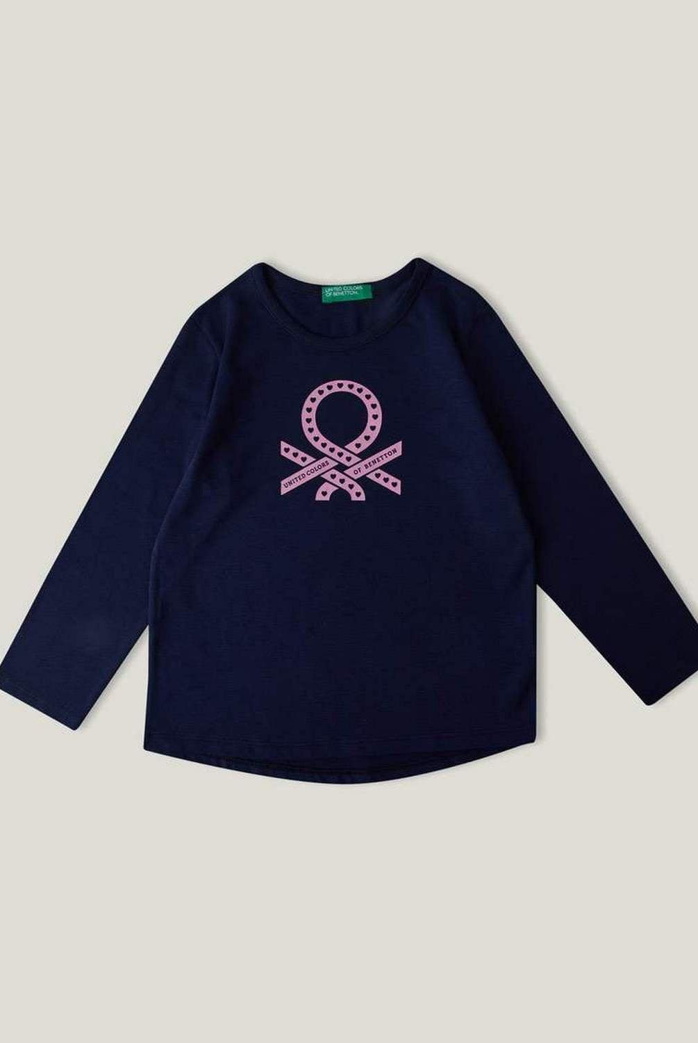 يونايتد كولورز اوف بينيتون تيشيرت قطن بنسبة 100% مع شعار كم طويل بناتي