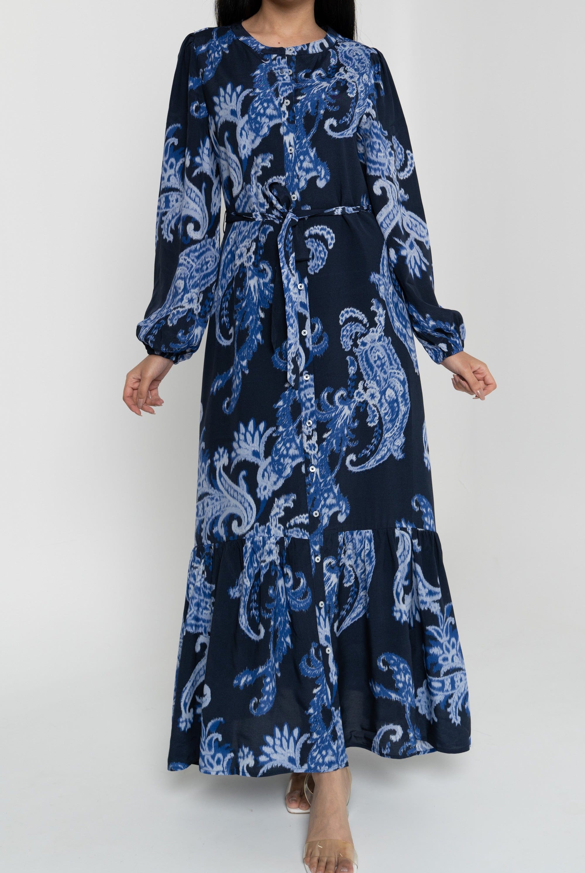 داليدرس فستان نسائي منقوش بأزرار أمامية كم طويل