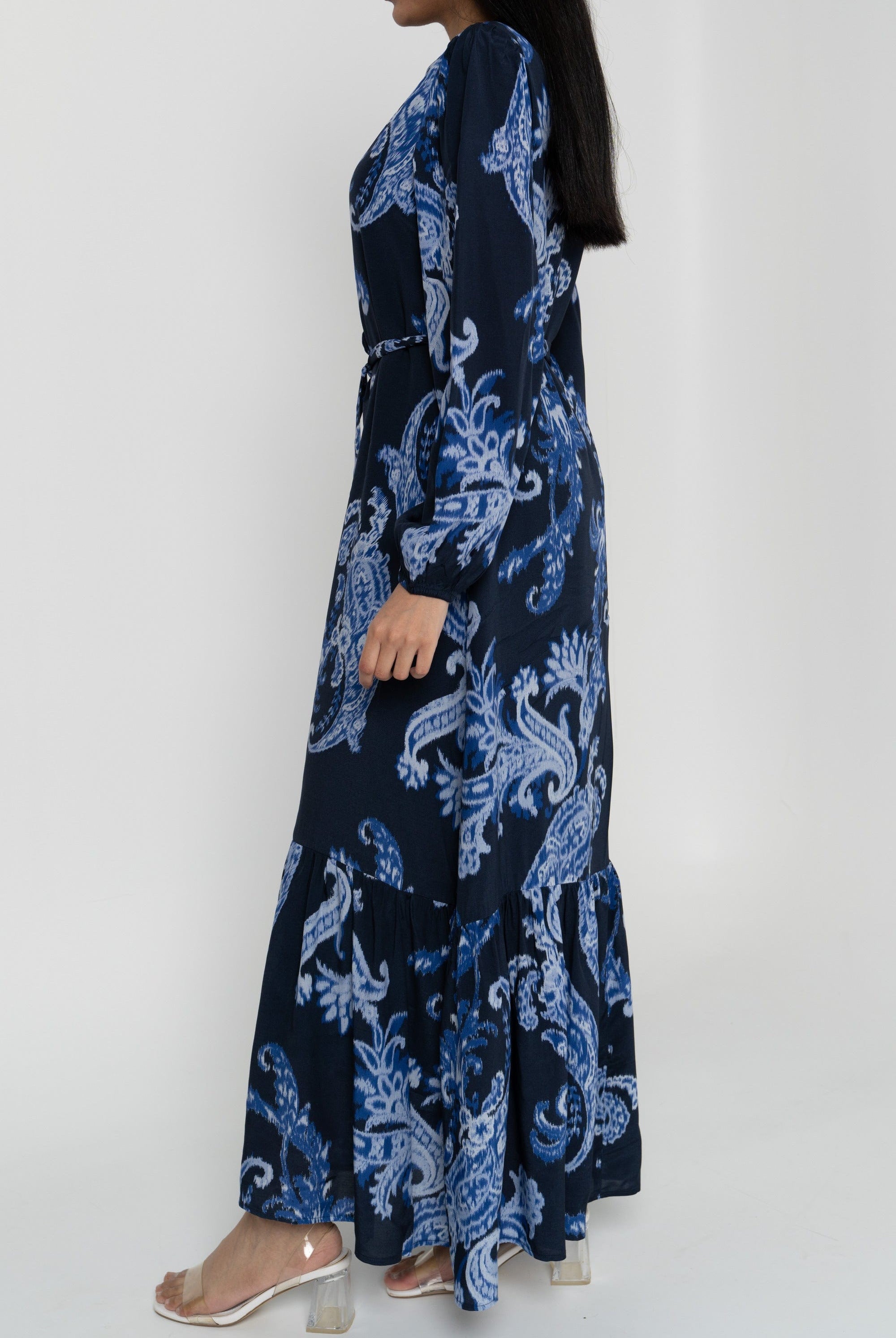 داليدرس فستان نسائي منقوش بأزرار أمامية كم طويل