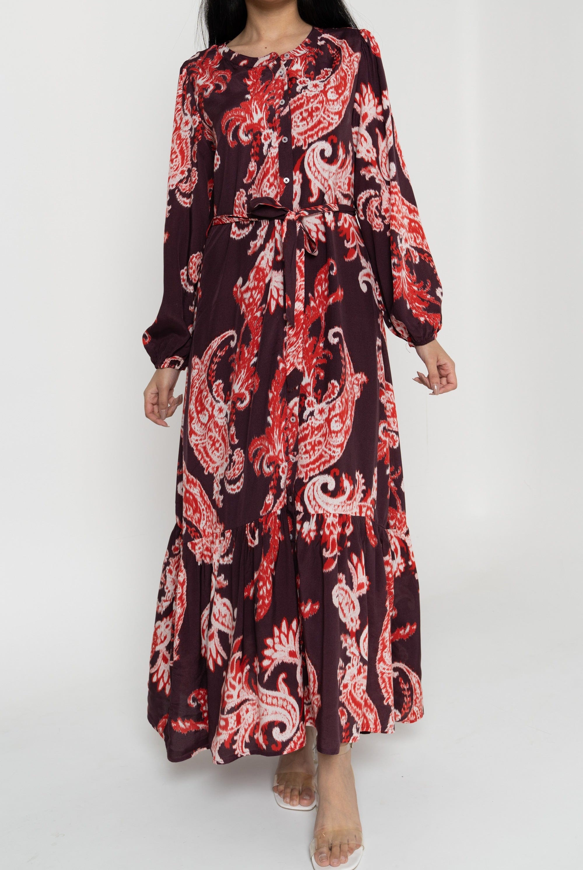 داليدرس فستان نسائي منقوش بأزرار أمامية كم طويل