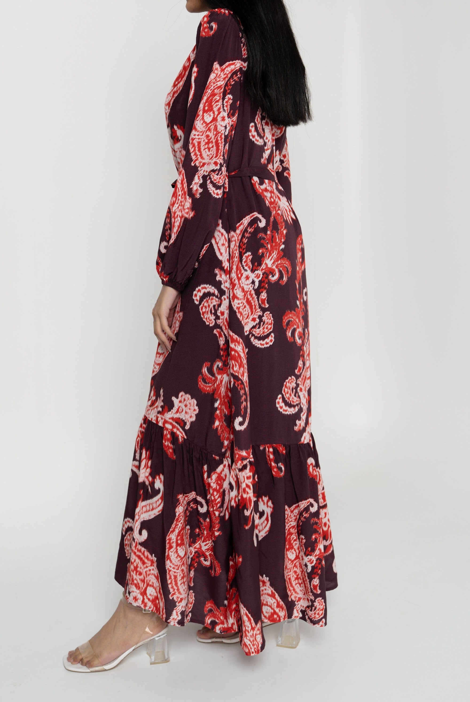 داليدرس فستان نسائي منقوش بأزرار أمامية كم طويل