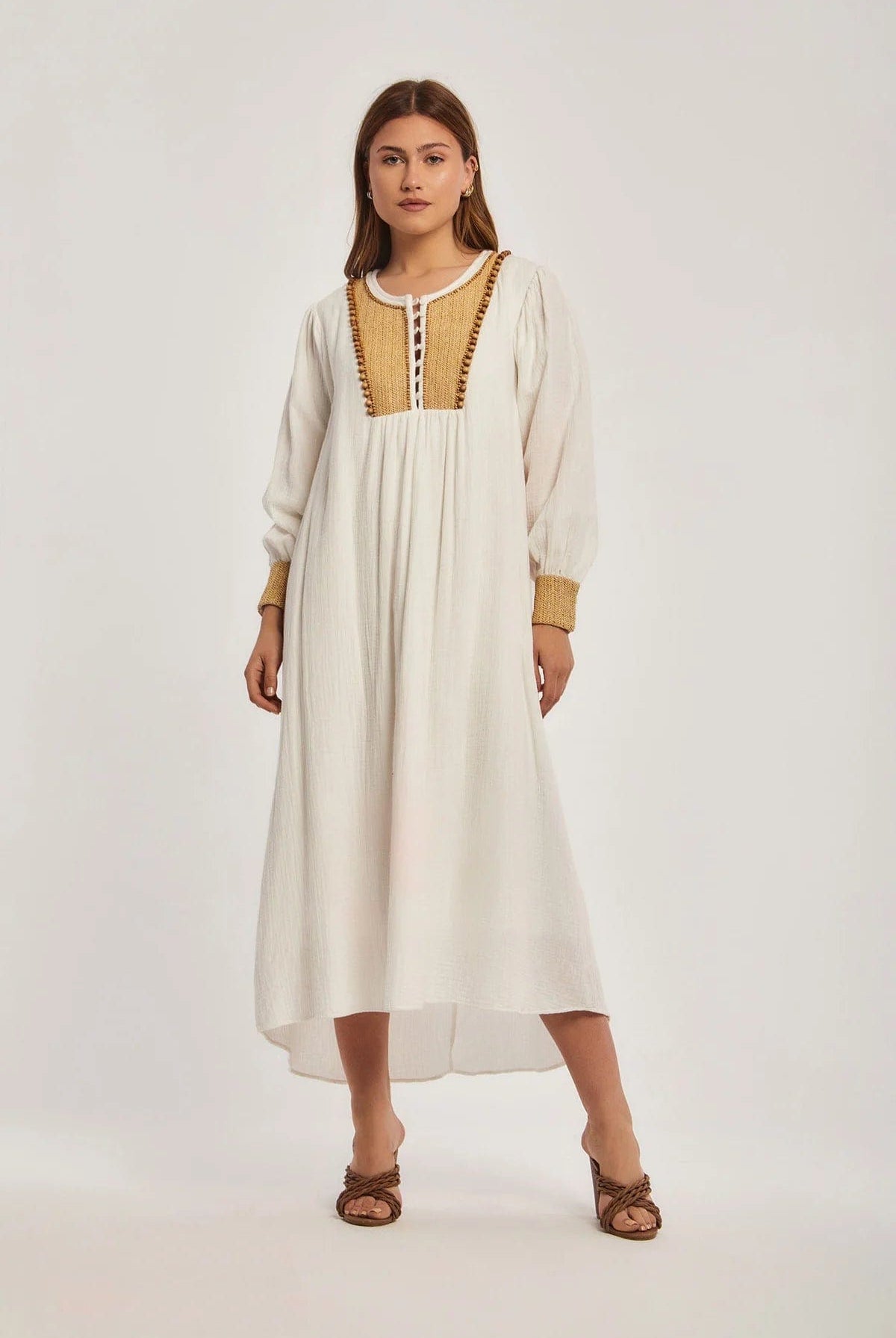 داليدرس فستان ميدي واسع كم طويل منقوش من الصدر نسائي أنثراسايت