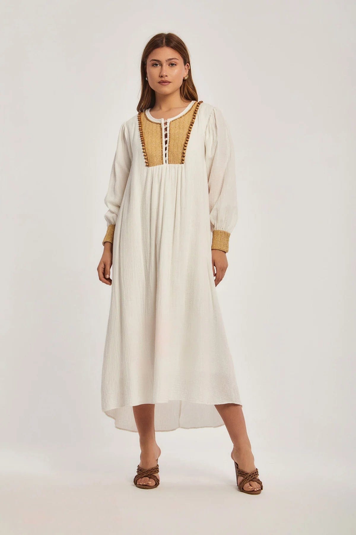 داليدرس فستان ميدي واسع كم طويل منقوش من الصدر نسائي أنثراسايت