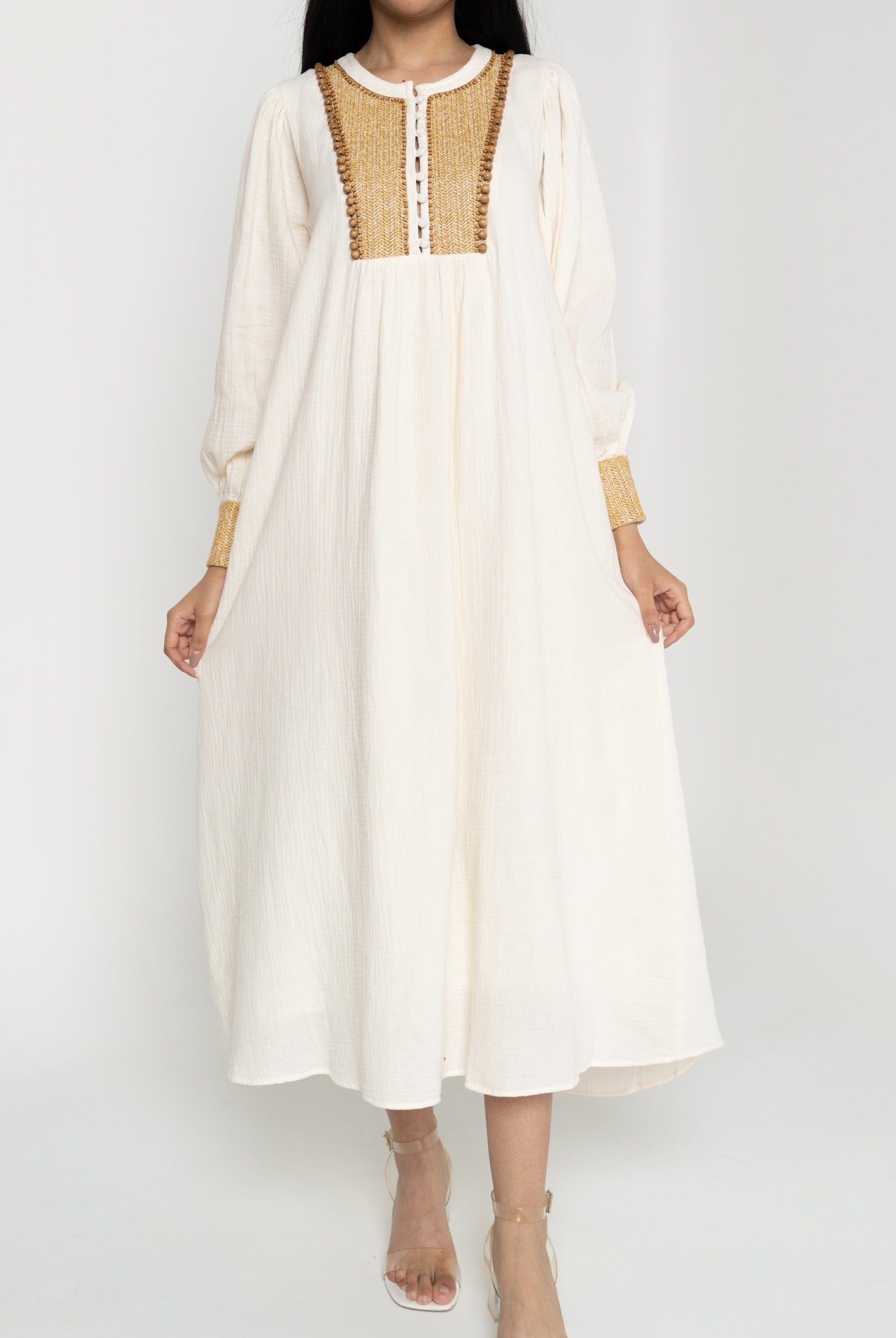 داليدرس فستان ميدي واسع كم طويل منقوش من الصدر نسائي أنثراسايت