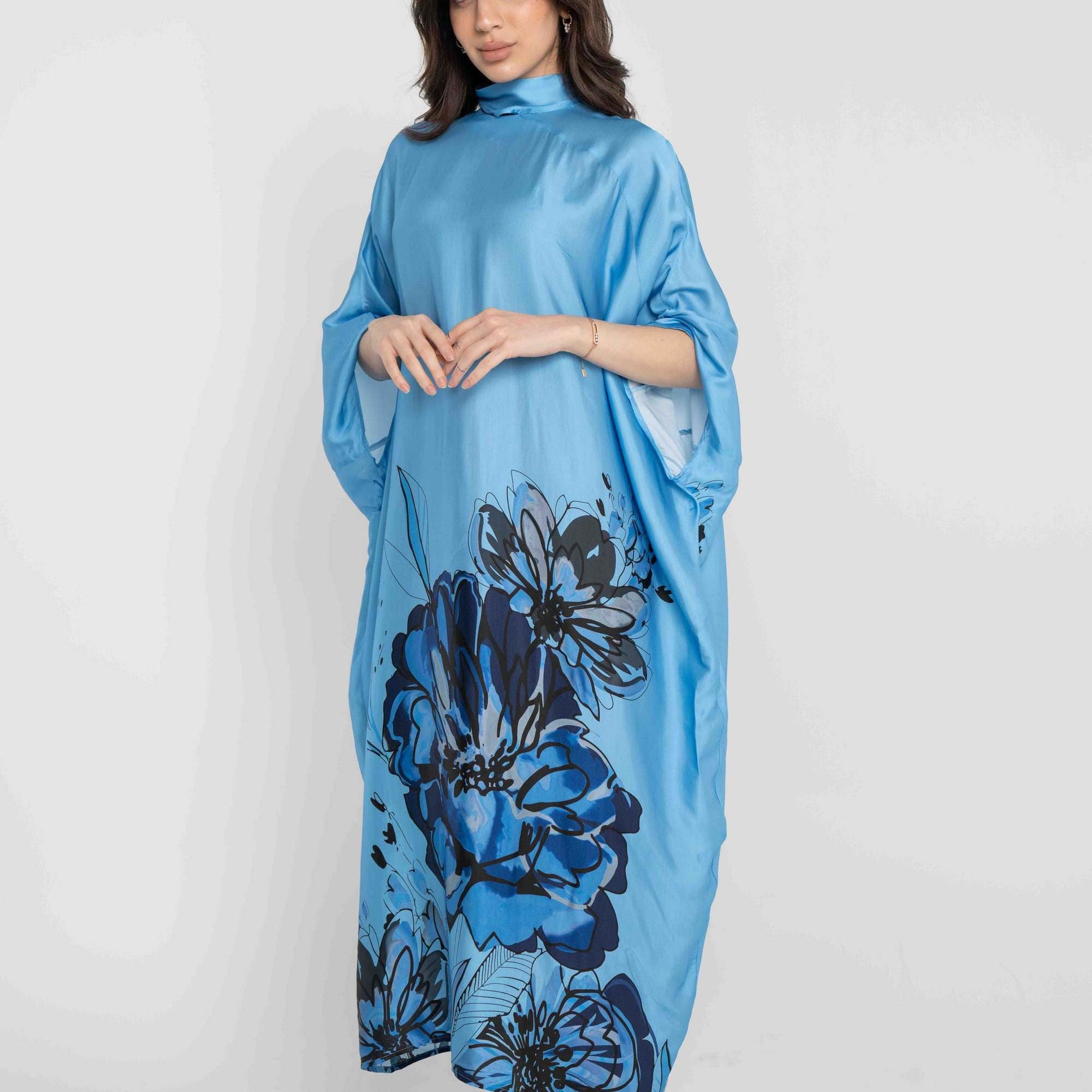 داليدرس كيمونو نسائي مورد كم طويل واسع ازرق مطبوع