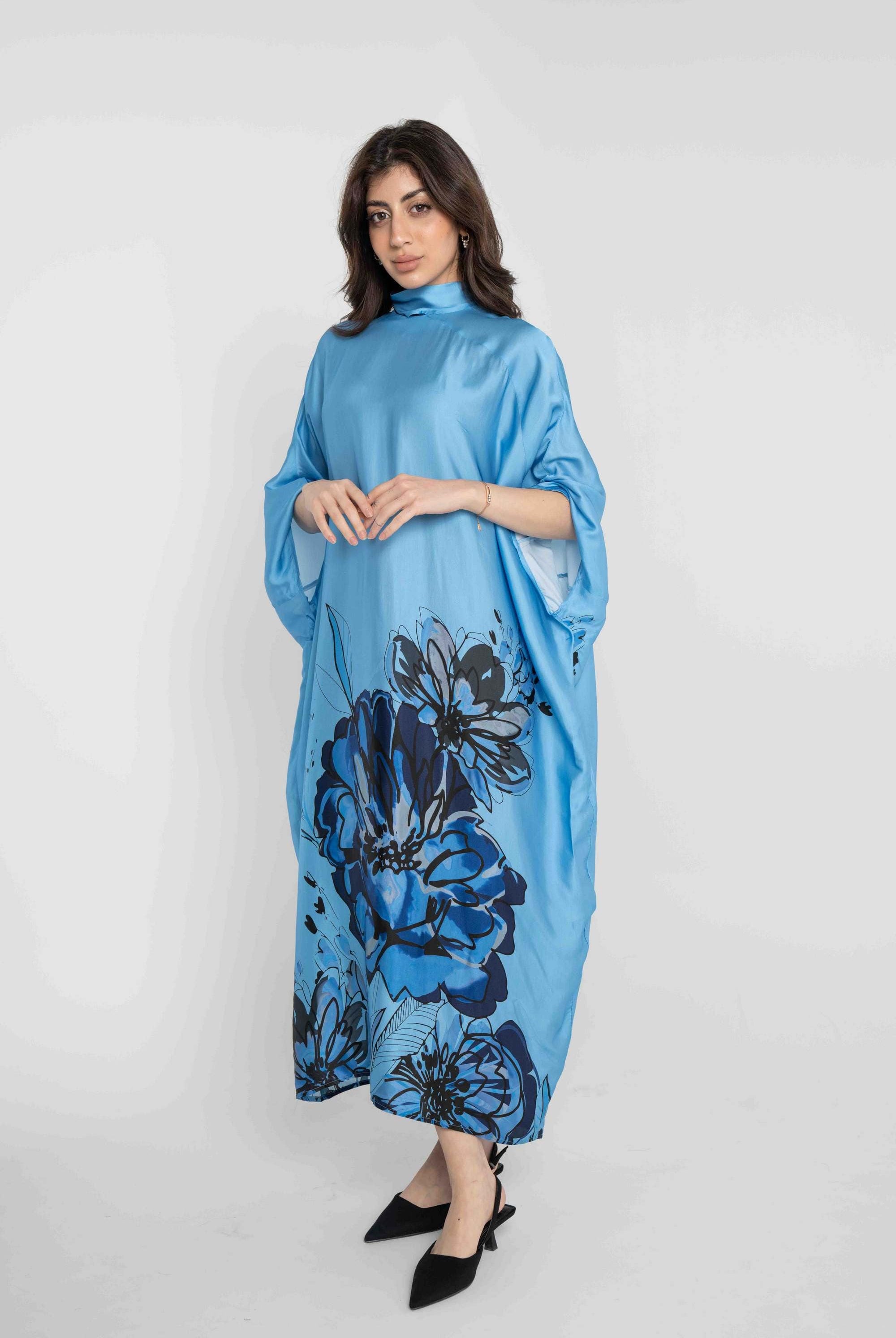 داليدرس كيمونو نسائي مورد كم طويل واسع ازرق مطبوع