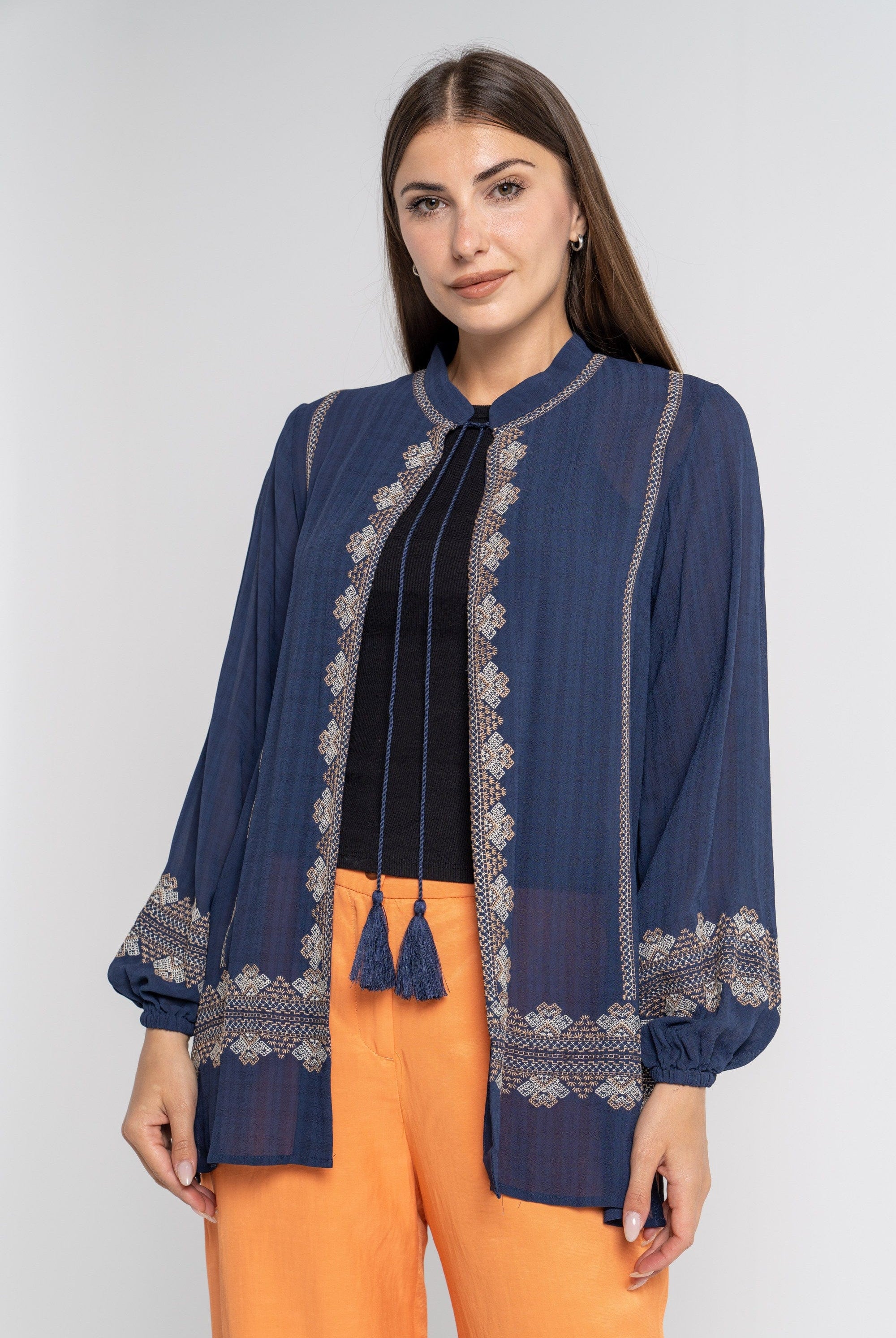 داليدرس كيمونو نسائي كم طويل مطرز برباط رقبة