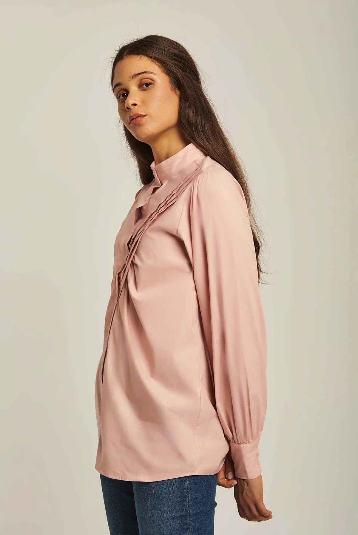 داليدرس بلوزة نسائي واسعة كم طويل سادة بكسرات أمامية روز بينك