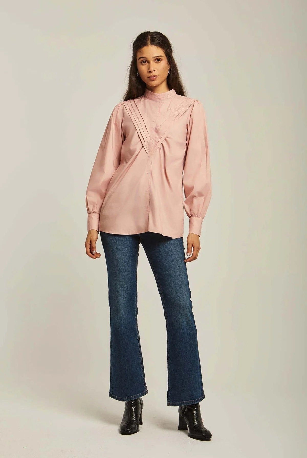 داليدرس بلوزة نسائي واسعة كم طويل سادة بكسرات أمامية روز بينك