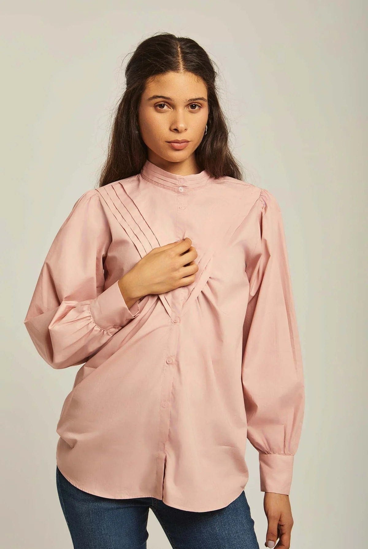 داليدرس بلوزة نسائي واسعة كم طويل سادة بكسرات أمامية روز بينك