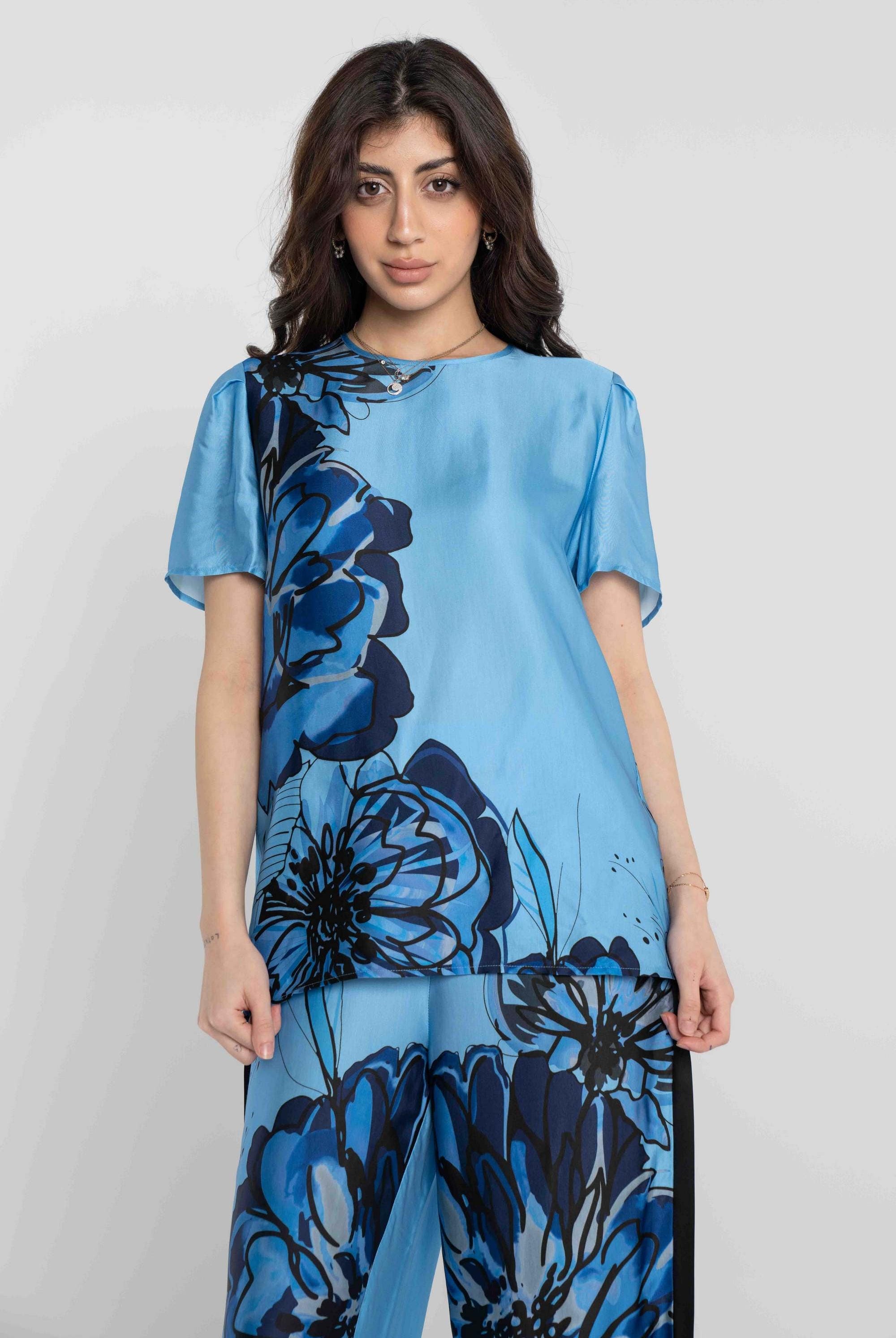 داليدرس تانك توب موردة كم قصير برقبة دائرية نسائي ازرق مطبوع