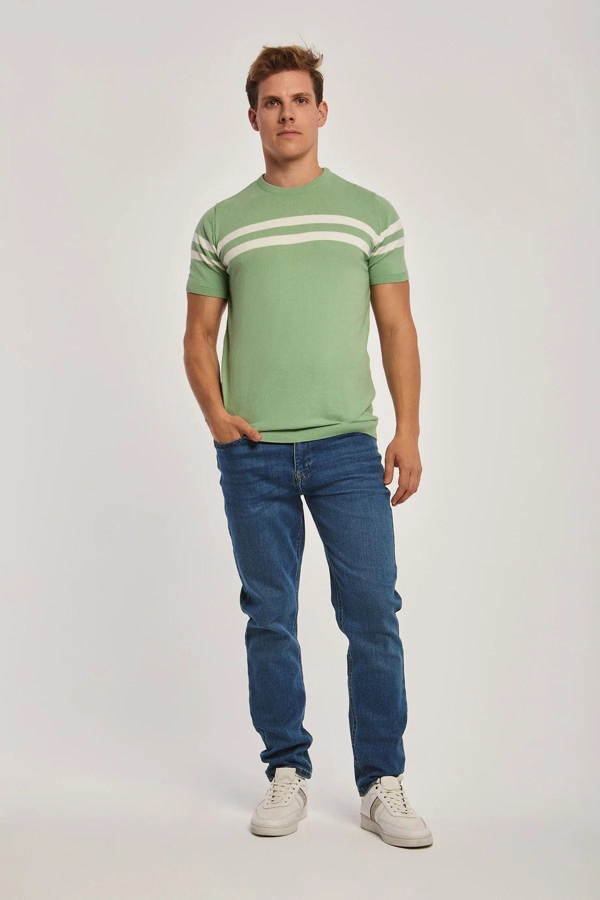 داليدرس تيشيرت مخطط بالعرض نص كم رجالي الباستيل الأخضر