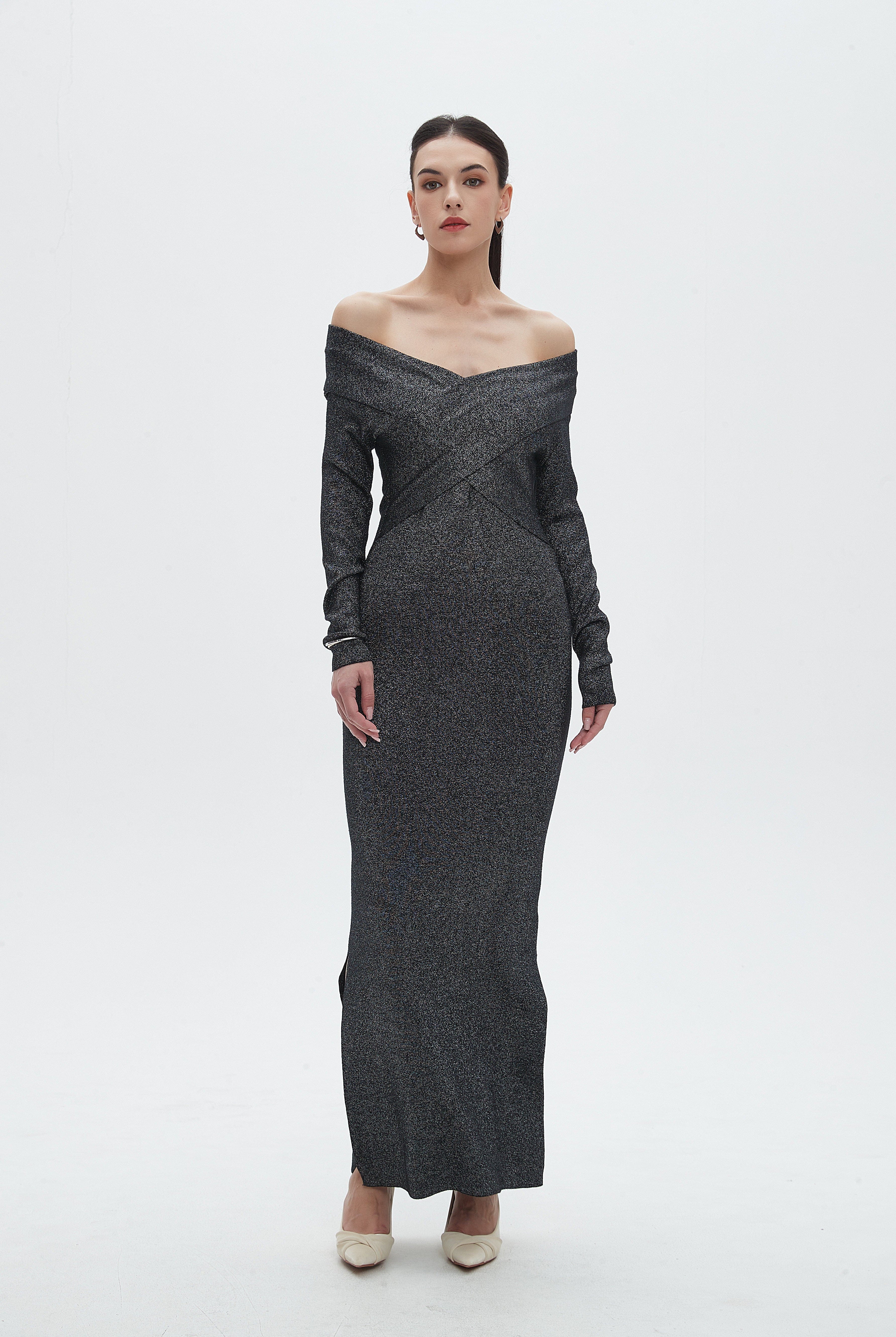 نتشي فستان نسائي طويل سادة أوف شولدر بأكمام طويلة ورقبة على شكل قارب