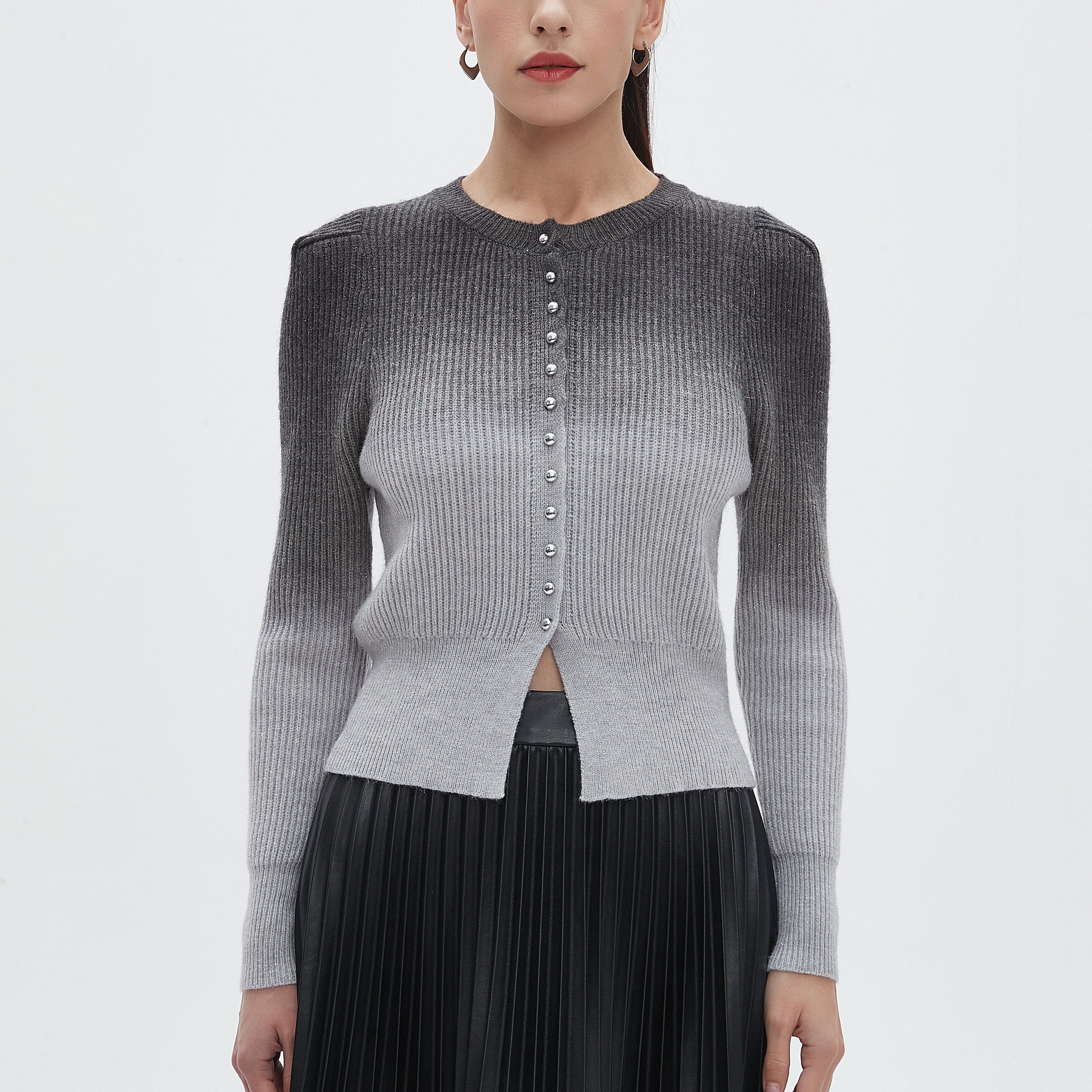 نتشي جاكيت نسائي مدرج ألوان برقبة مستديرة مع كم طويل وأزرار أمامية