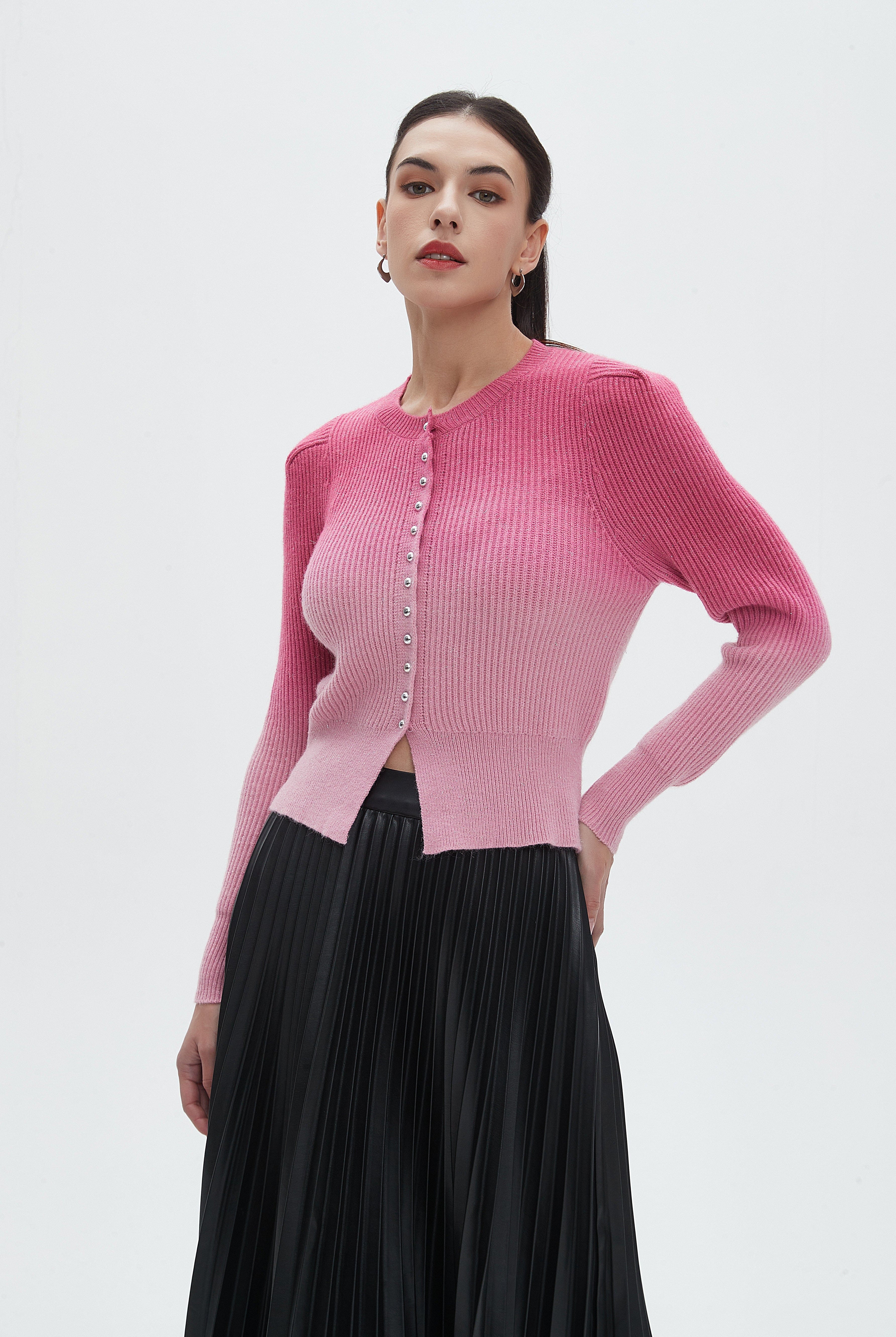 نتشي جاكيت نسائي مدرج ألوان برقبة مستديرة مع كم طويل وأزرار أمامية