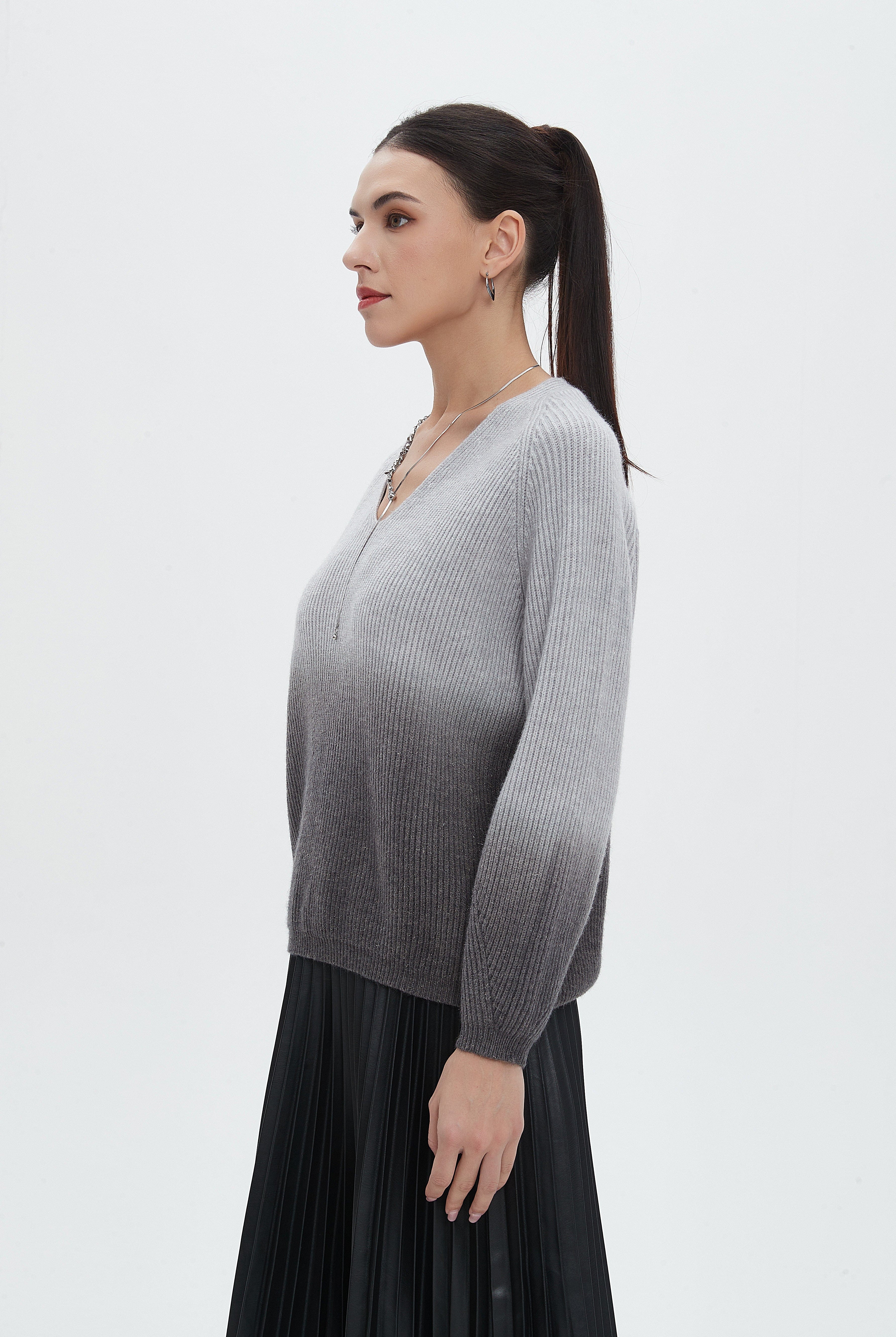 نتشي بلوزة نسائية برقبة على شكل V وكم طويل بطول الخصر مدرجة ألوان