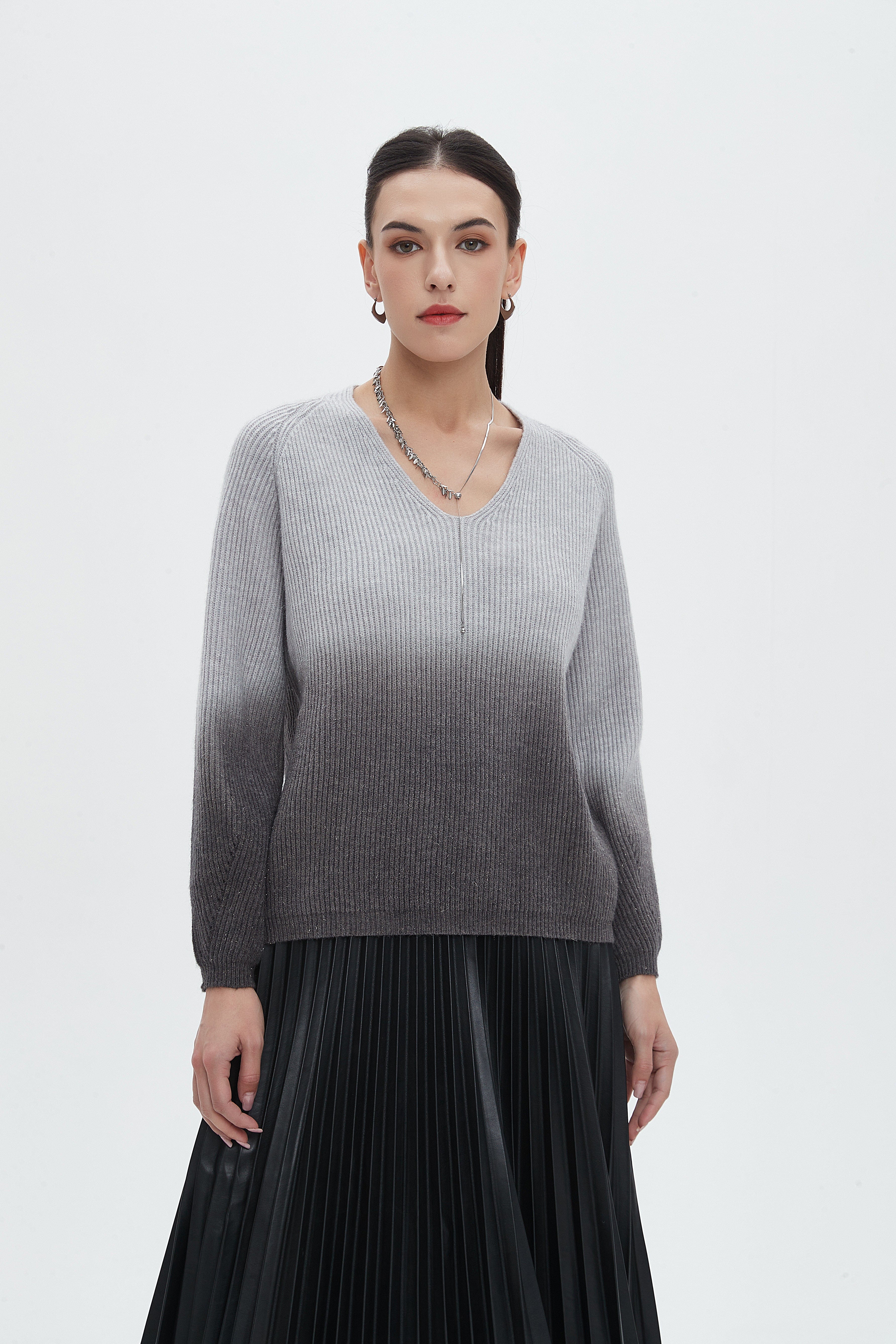 نتشي بلوزة نسائية برقبة على شكل V وكم طويل بطول الخصر مدرجة ألوان