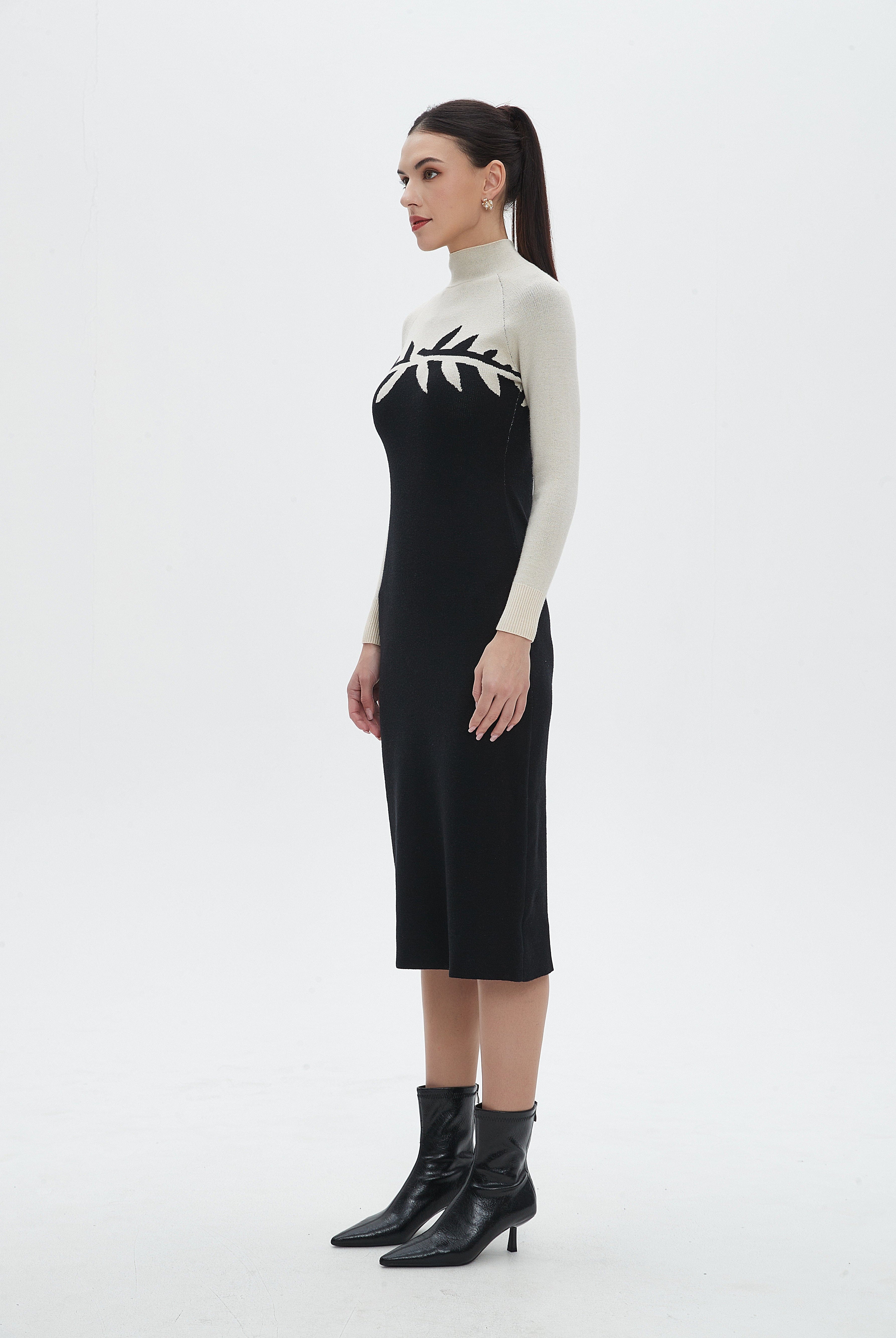 نتشي فستان ميدي بكم طويل مع تفاصيل ورق شجر ورقبة عالية