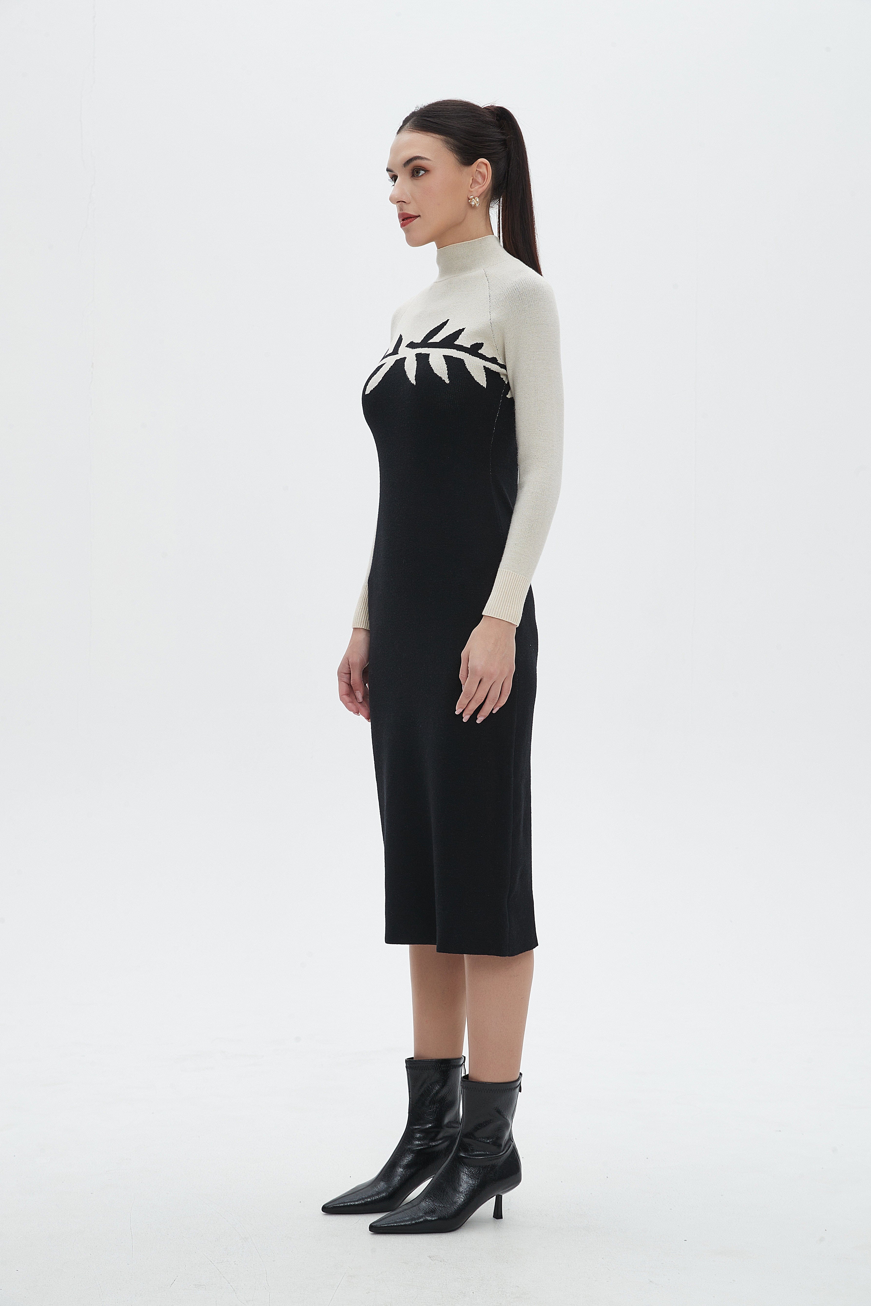 نتشي فستان ميدي بكم طويل مع تفاصيل ورق شجر ورقبة عالية