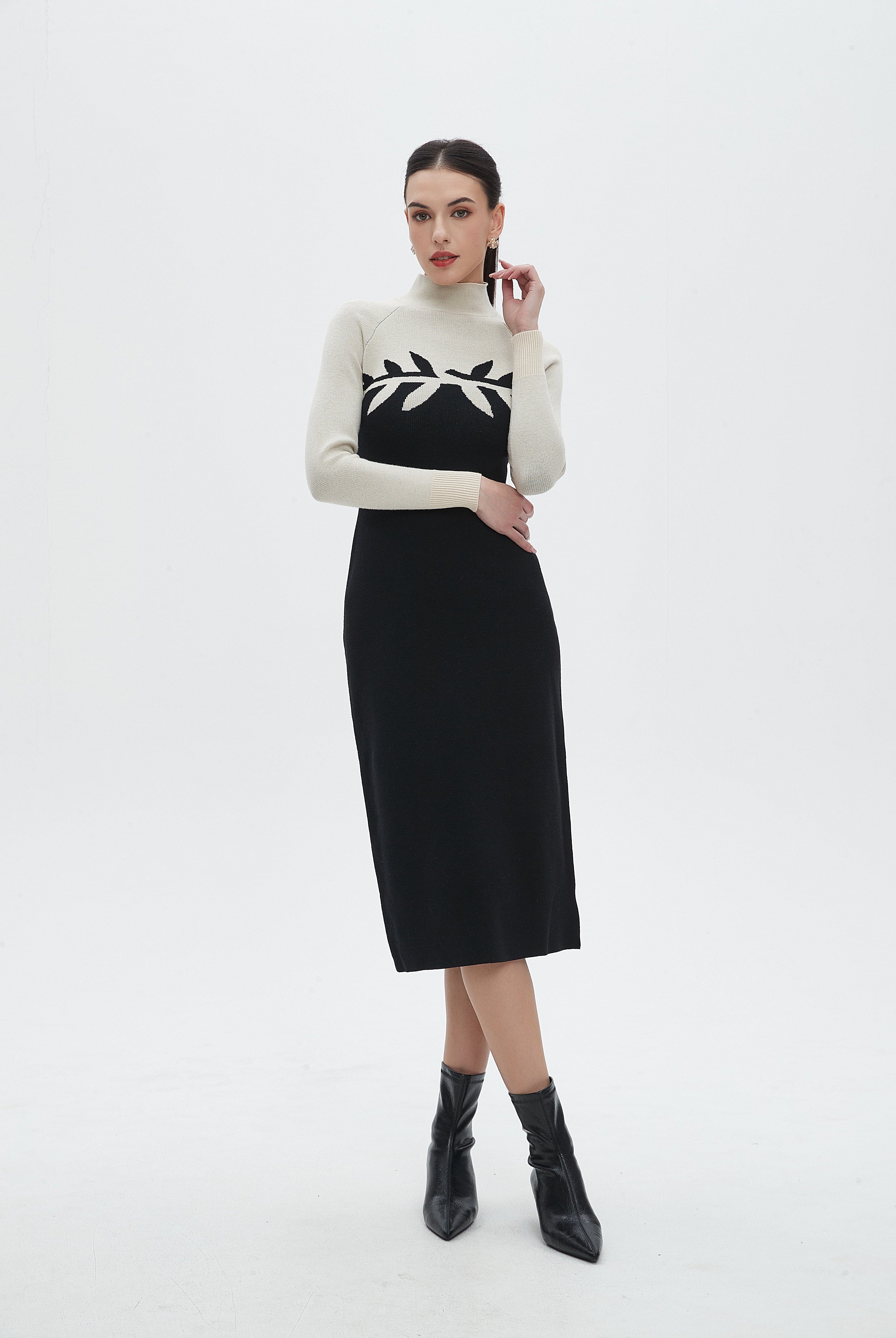 نتشي فستان ميدي بكم طويل مع تفاصيل ورق شجر ورقبة عالية