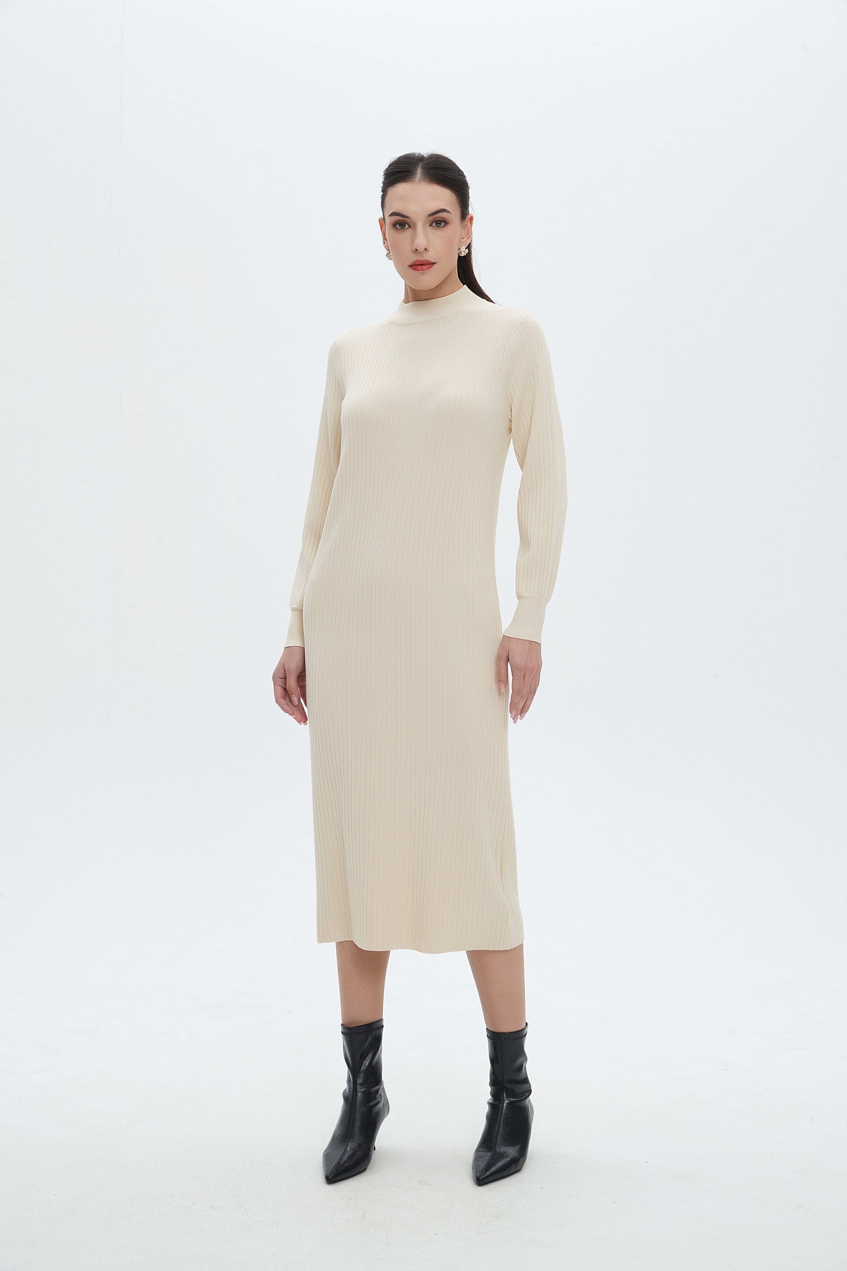 نتشي فستان ميدي برقبة دائرية وكم طويل سادة