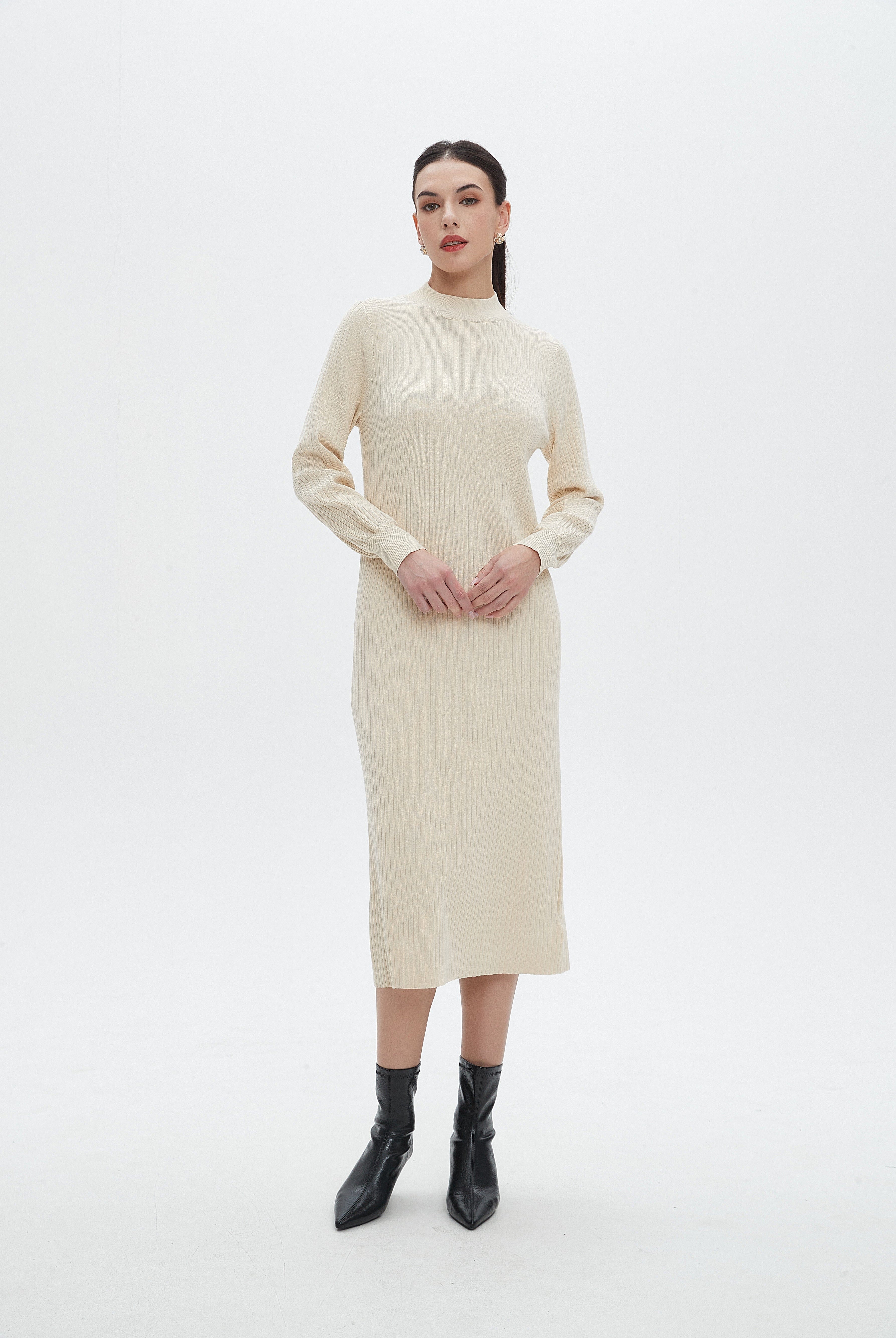 نتشي فستان ميدي برقبة دائرية وكم طويل سادة