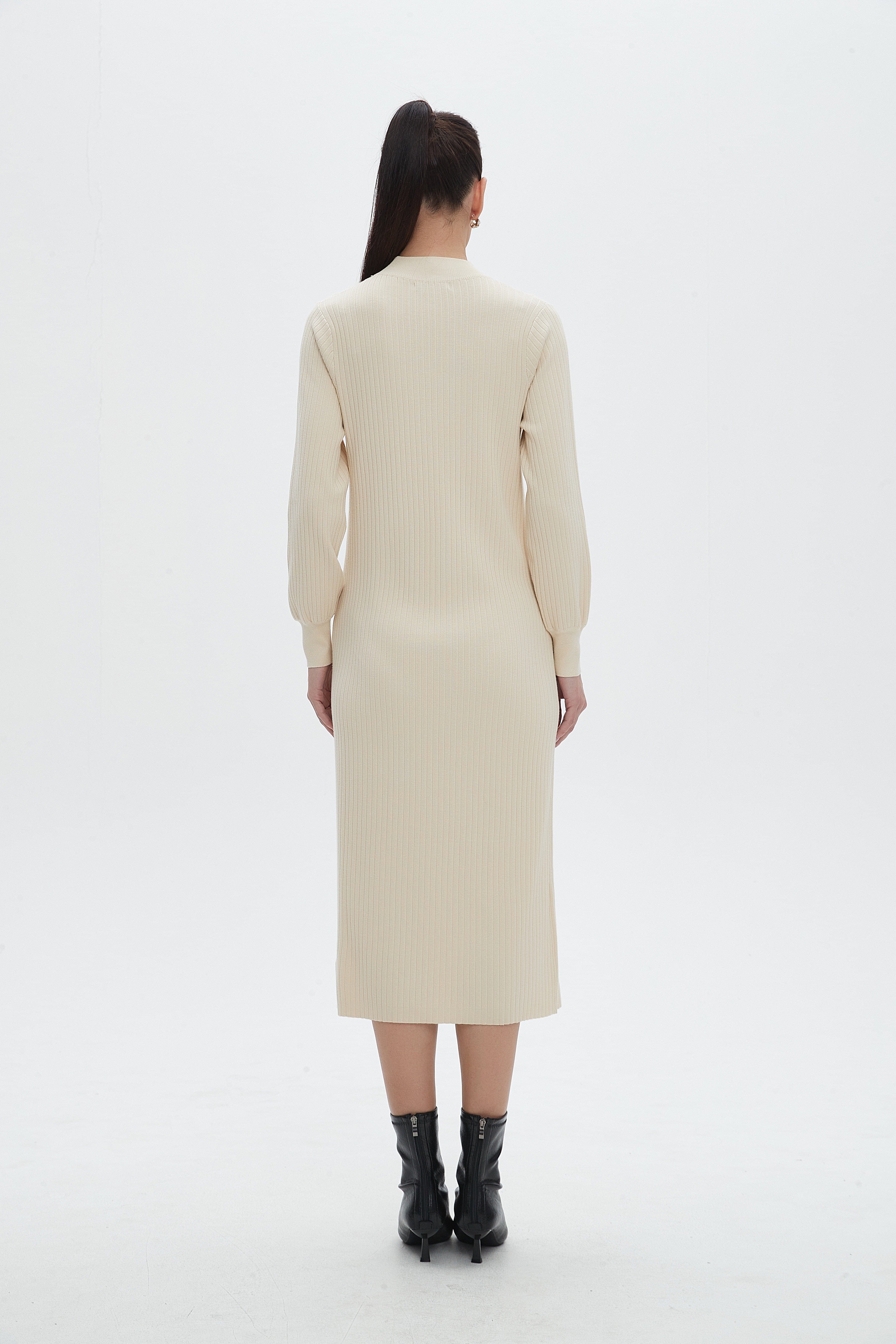 نتشي فستان ميدي برقبة دائرية وكم طويل سادة