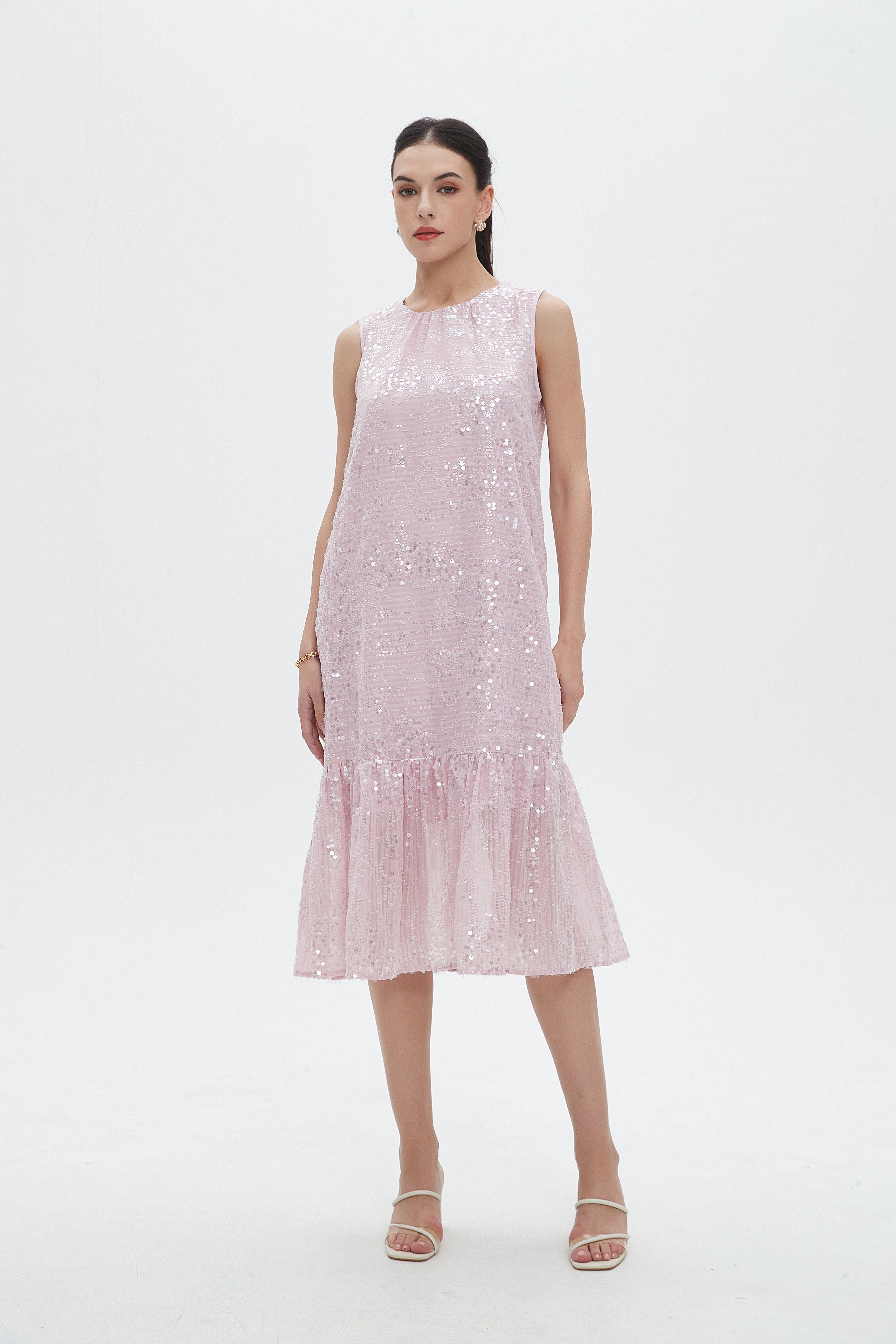 نتشي فستان نسائي كات ميدي لامع برقبة دائرية مع قصة كشكش