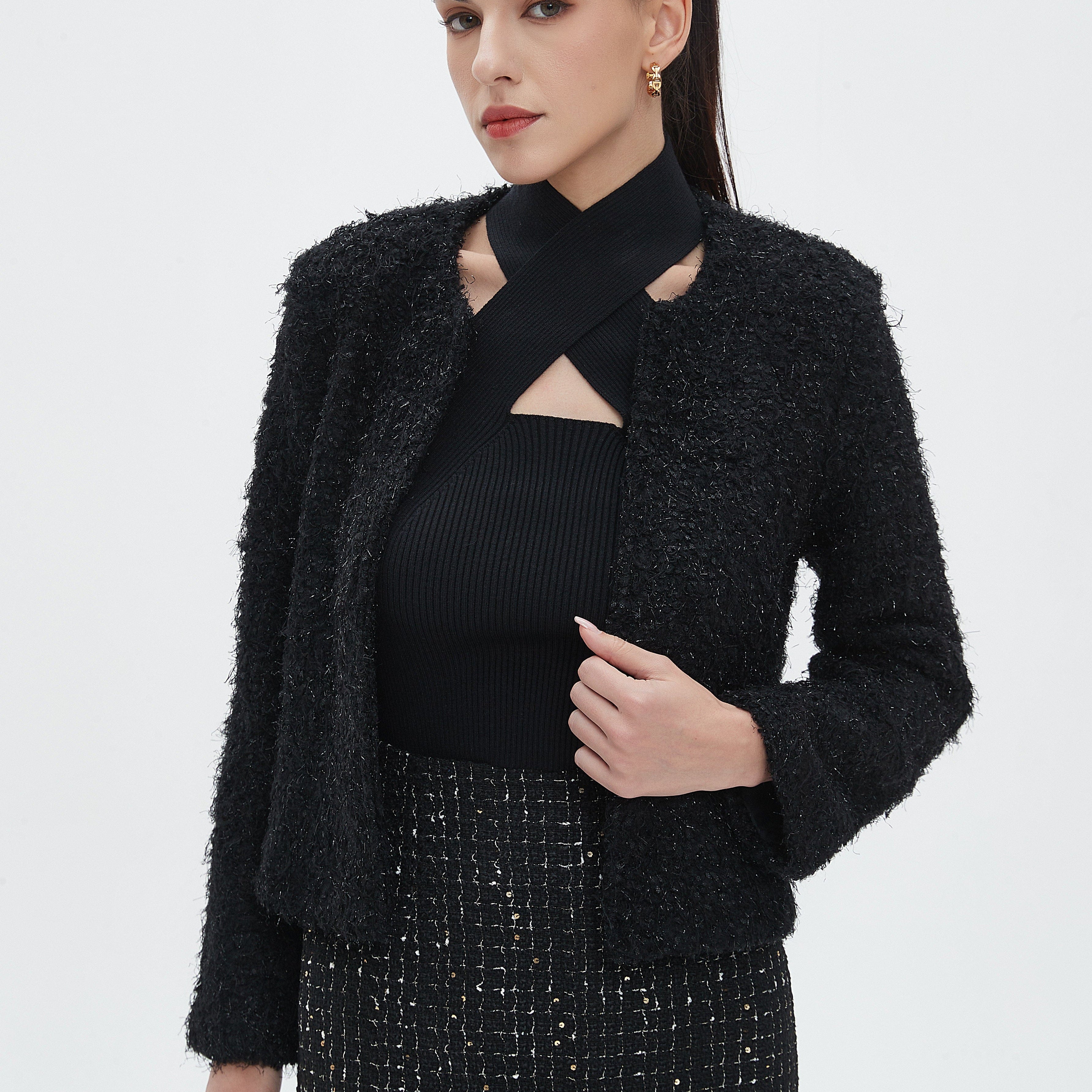 نتشي جاكيت نسائي بكم طويل مع تفاصيل خيوط لامعة